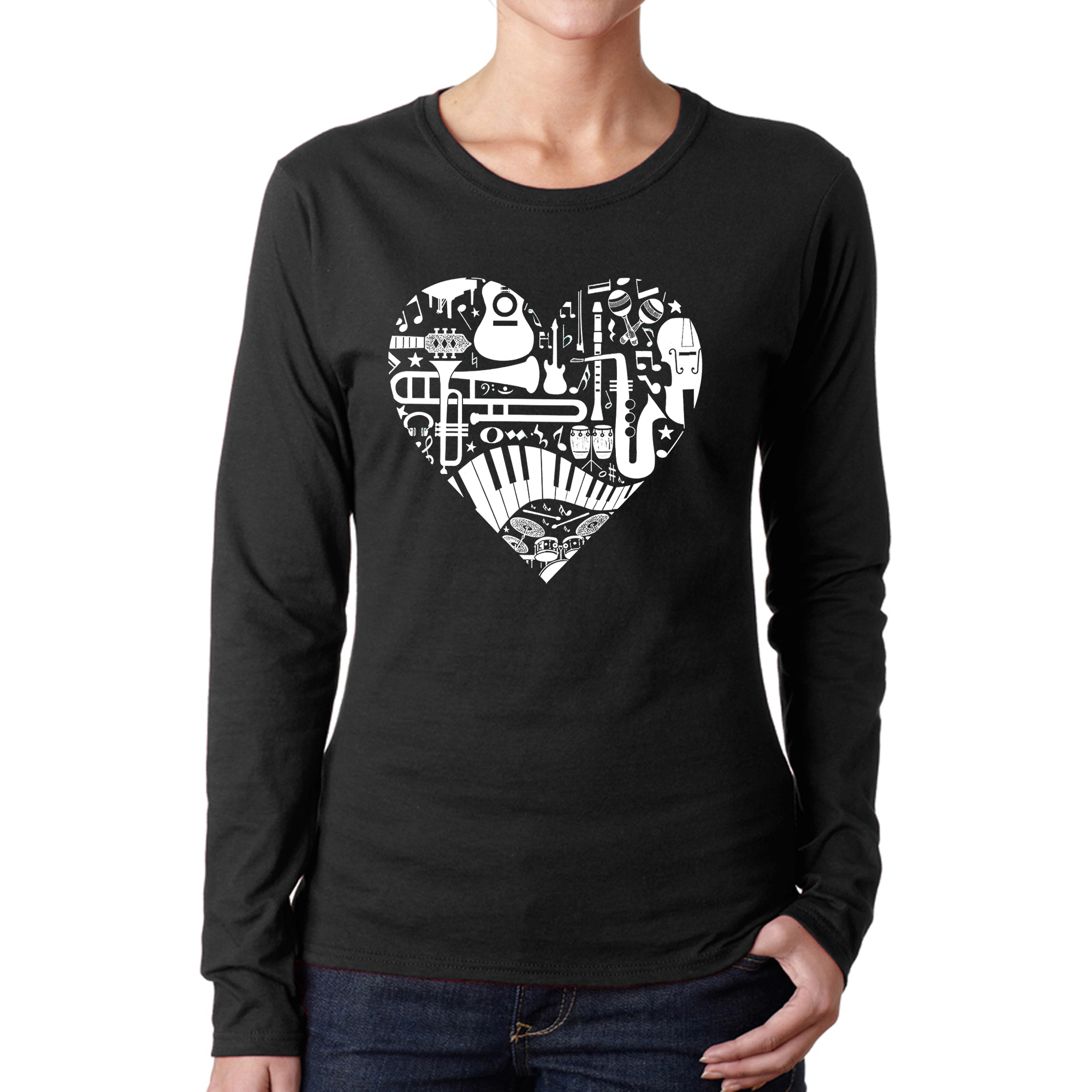 LA Pop Art Women's Word Long Sleeve T-Shirt - Musical Instrument Heart