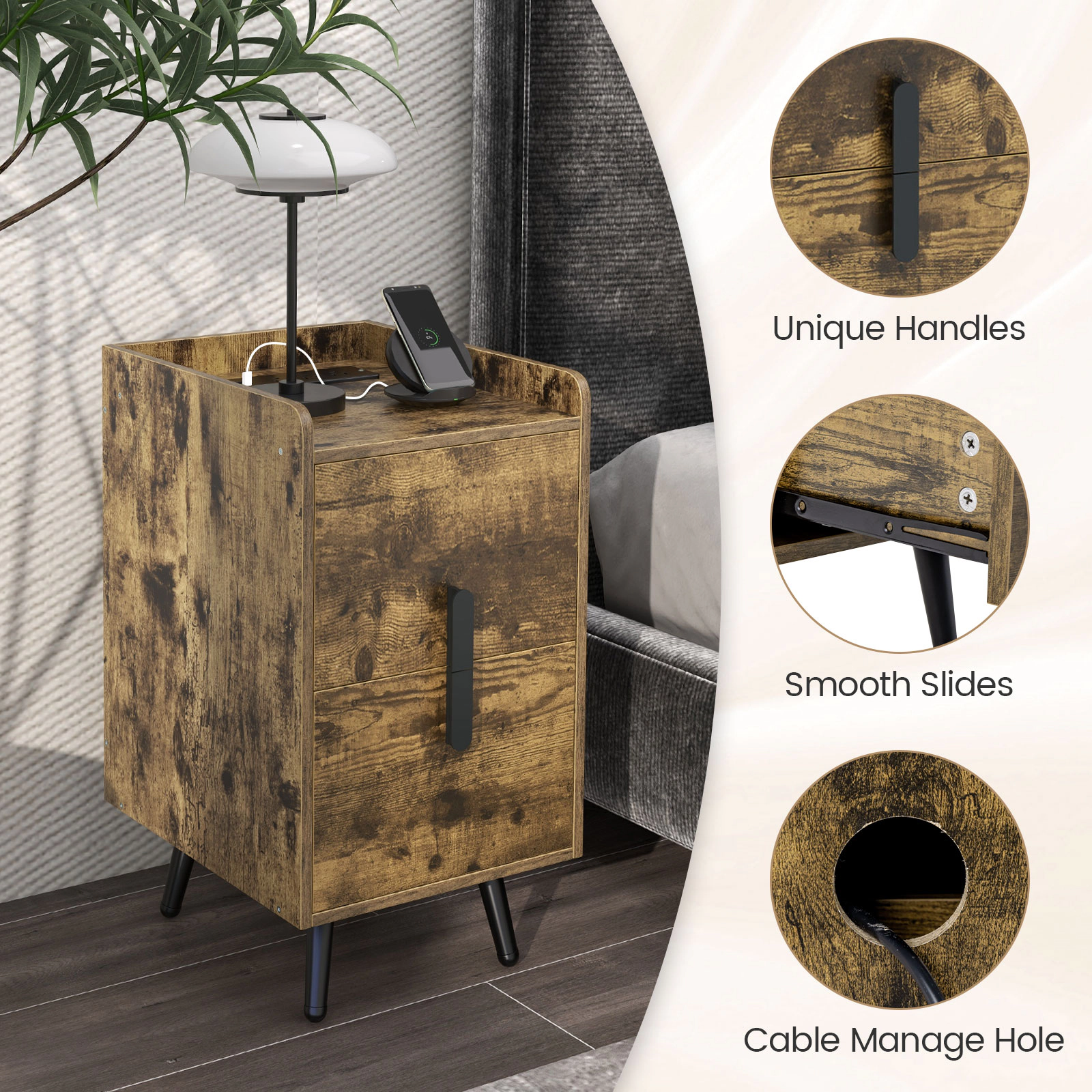 Hivvago Nightstand Side Tables with 2 Drawers and USB Ports