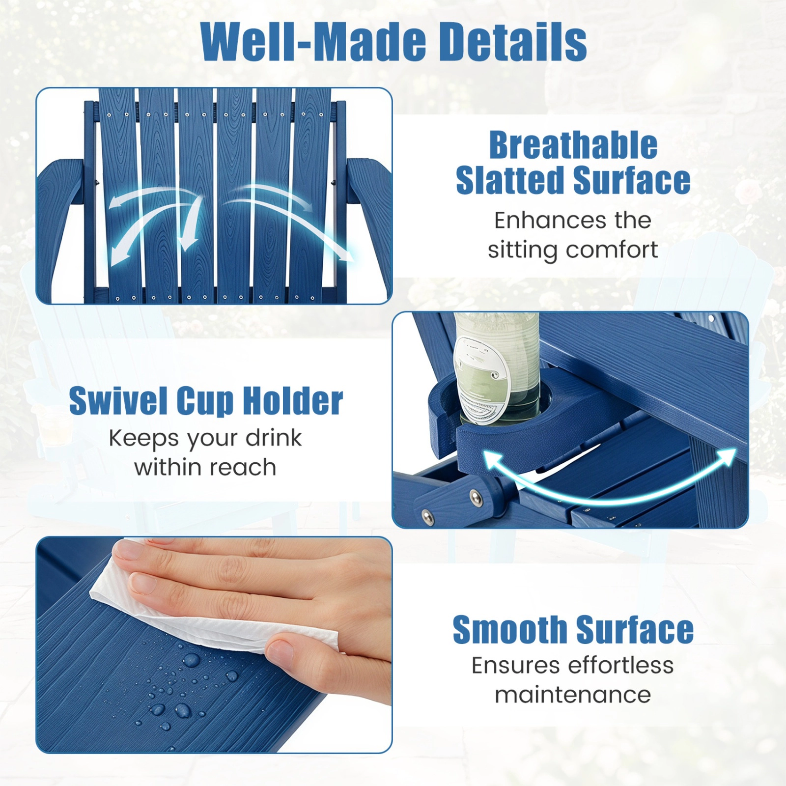 SUGIFT Outdoor Folding Adirondack Chair with 5-Position Backrest and Swivel Cup Holder 330-lb Capacity Navy