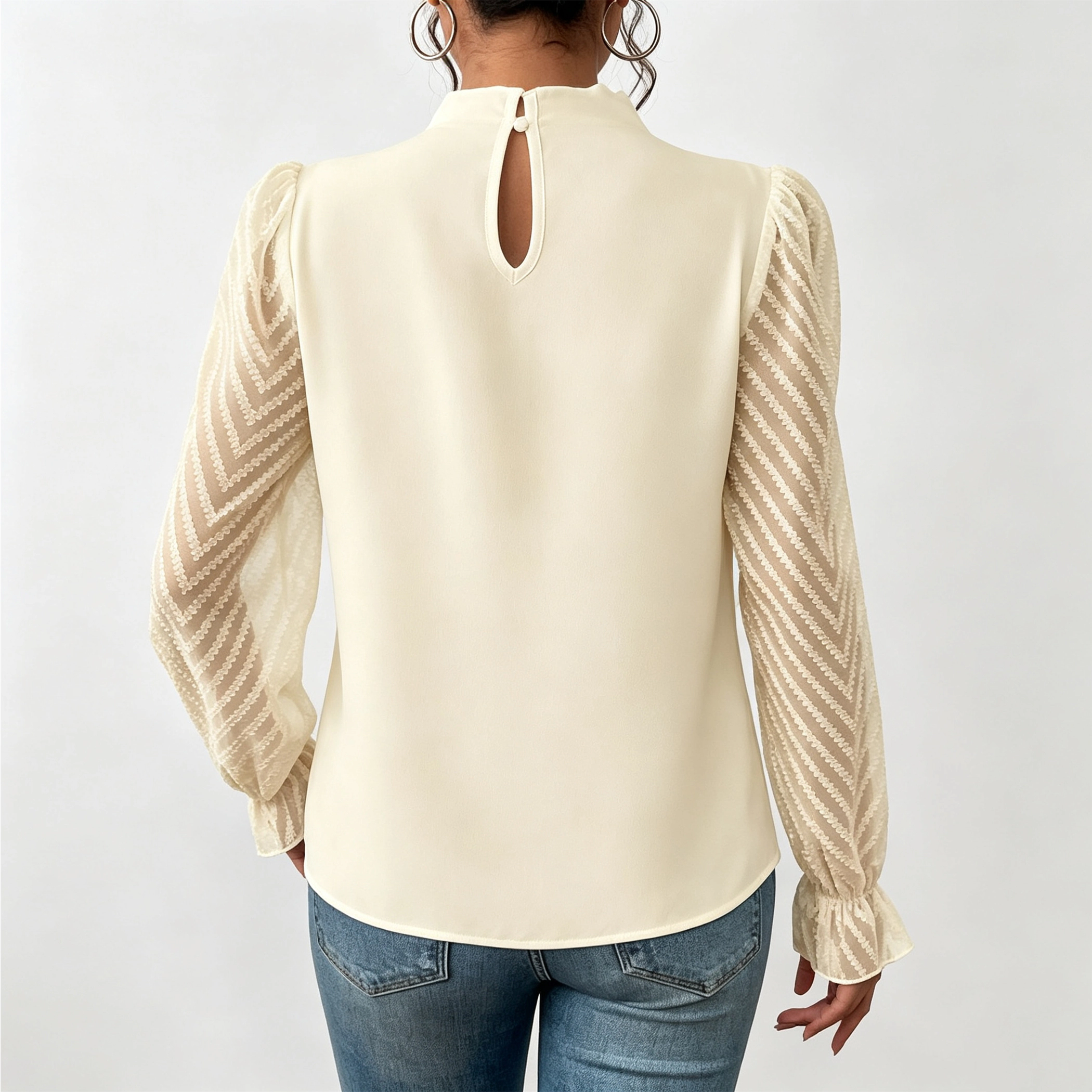 YesFashion Women's Chiffon Blouse Ruffle Mock Neck Lace Sheer Puff Long Sleeve Work Office Top