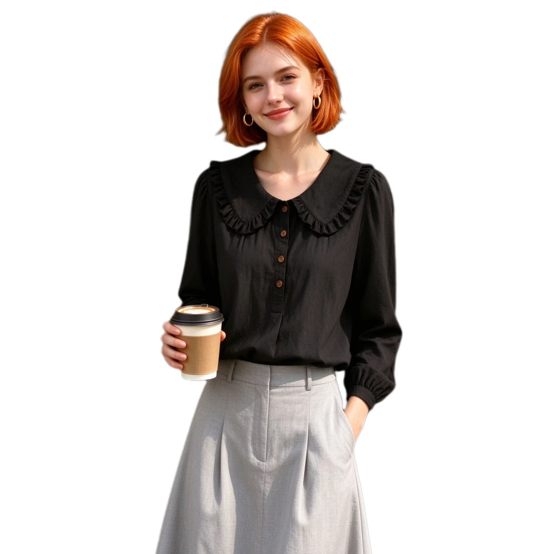 Coolmee Women's Solid Loose Peter Pan Collar Long Sleeve Cotton-Linen Look Shirt Blouse All Season