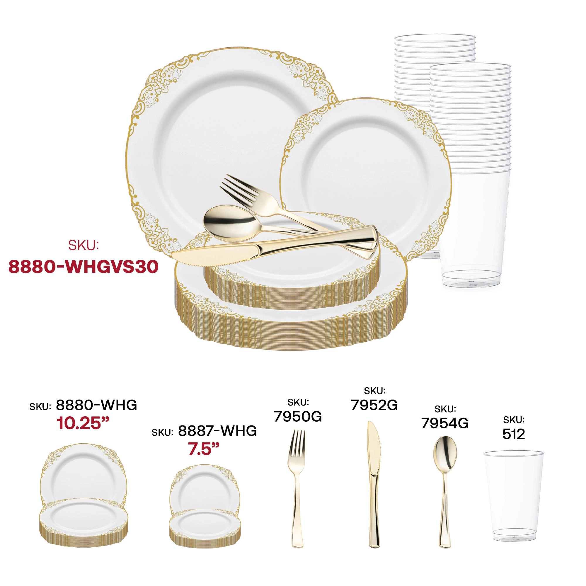Smarty Had A Party White with Gold Fancy Round Disposable Plastic Wedding Value Set