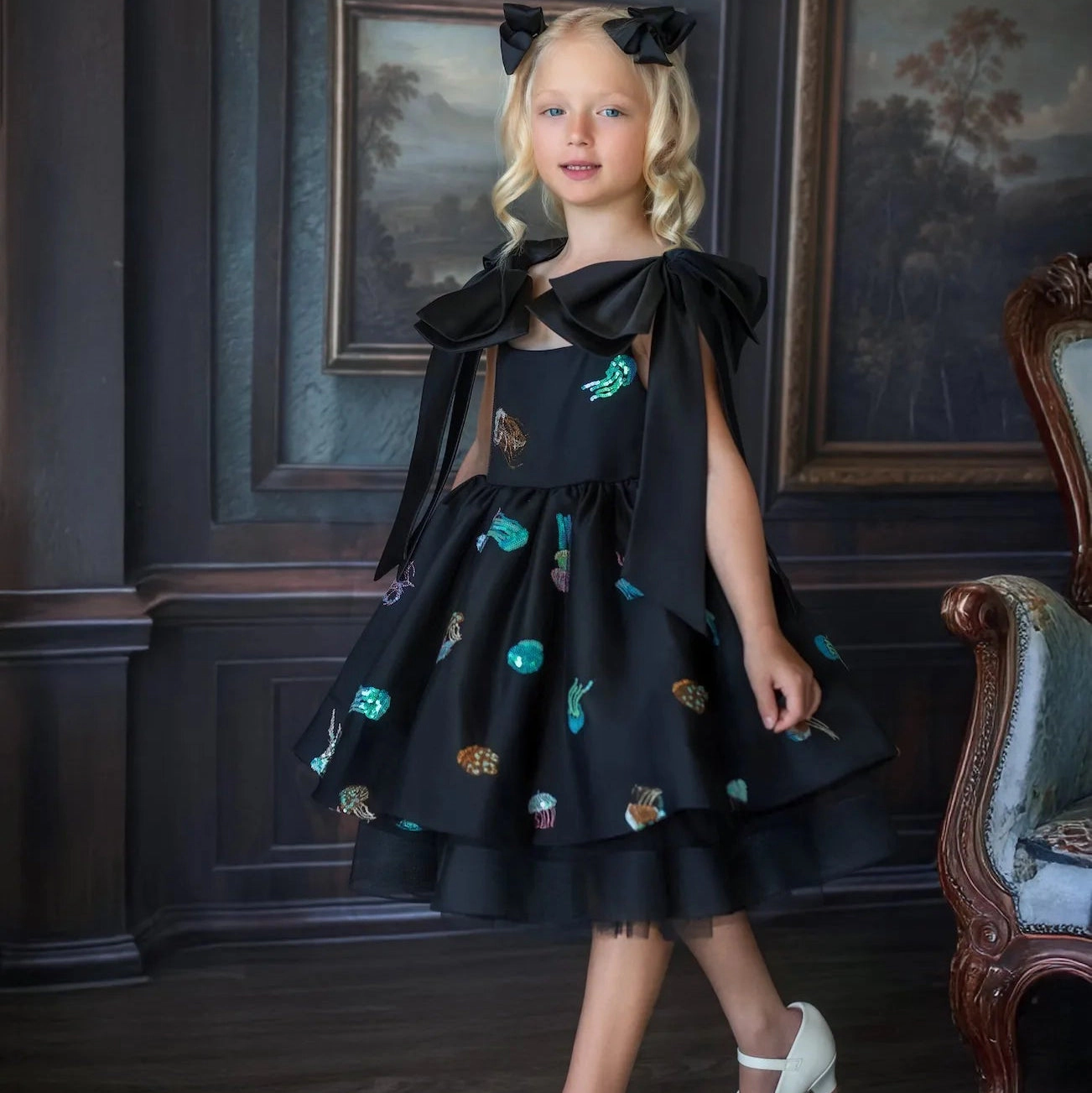 Faeella Girls Ocean Magic Black Sequin Tulle Birthday Dress