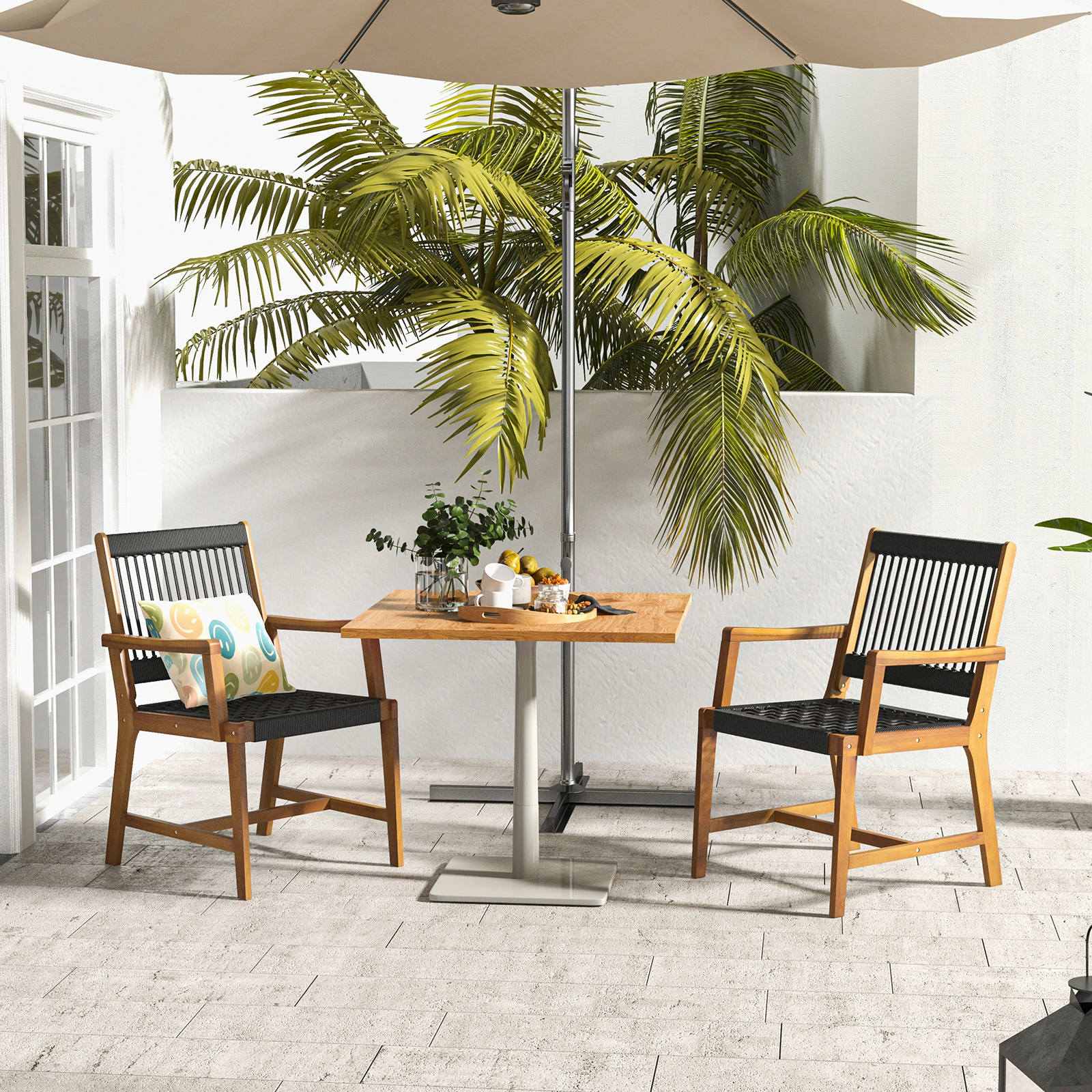 SUGIFT Set of 2 Hand-Woven Rope Patio Acacia Wood Dining Armchairs 360-lb Capacity Black and Natural
