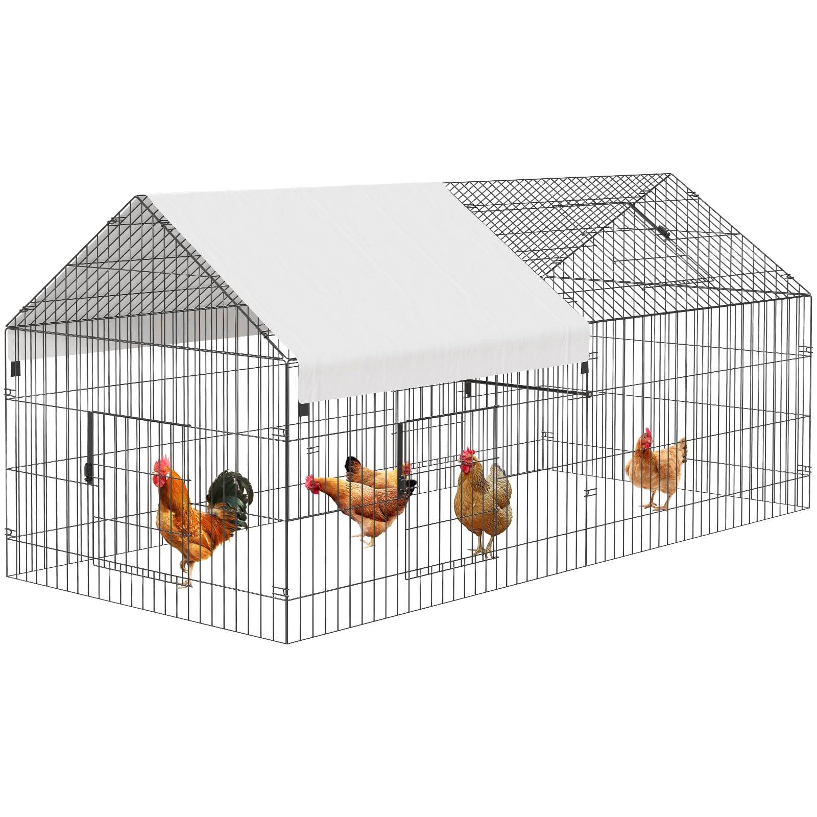 Walk-In Poultry Chicken Coop, Portable Metal Rabbit Habitat Cage with Waterproof Protective Cover