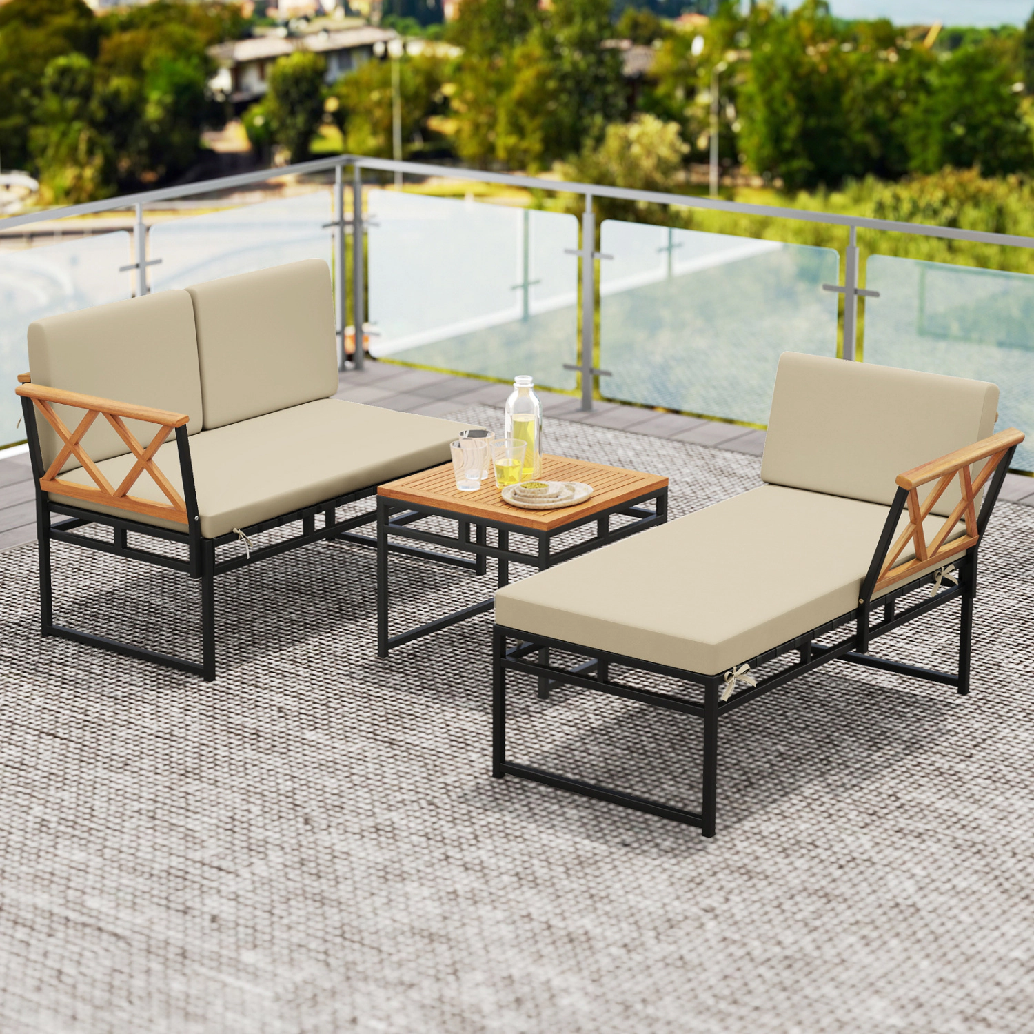 LJG 3-Piece L-Shaped Patio Furniture Set for Porch Backyard and Poolside