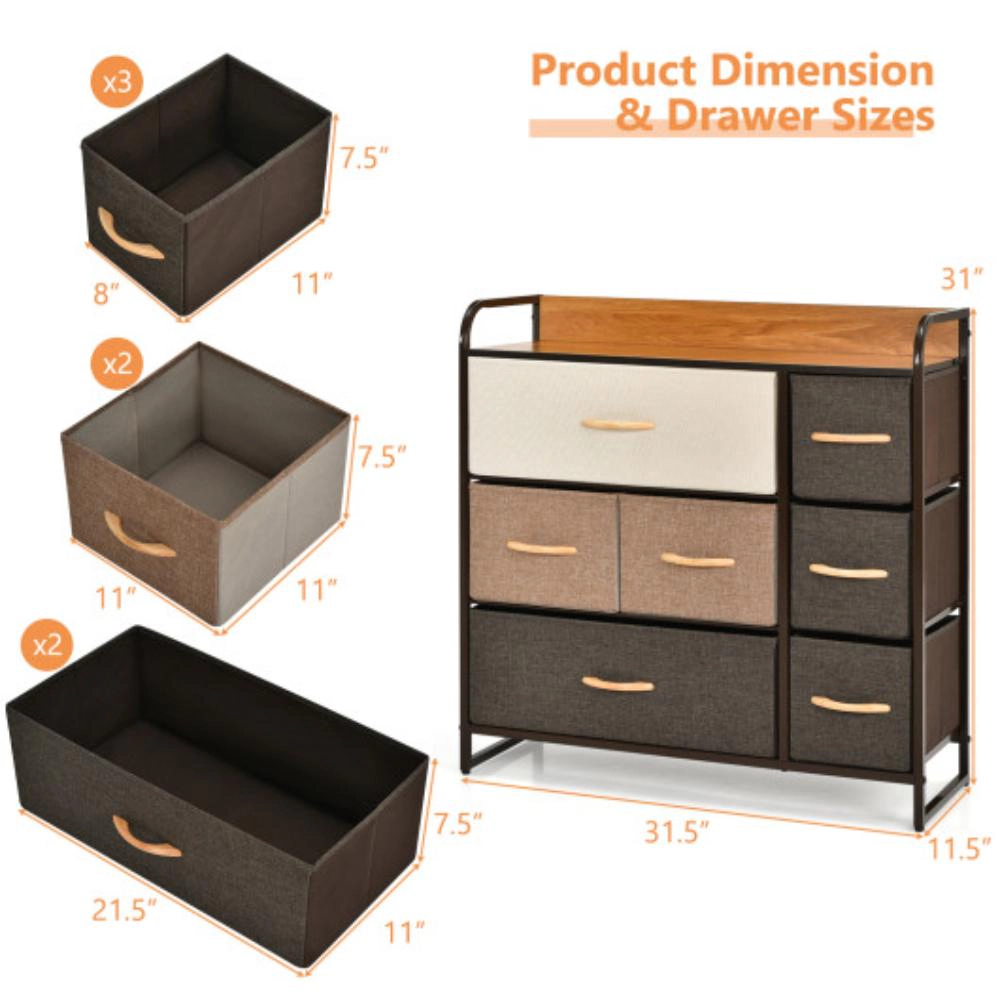 Hivvago 7 Drawer Tower Steel Frame And Wooden Top Dresser Storage Chest For Bedroom