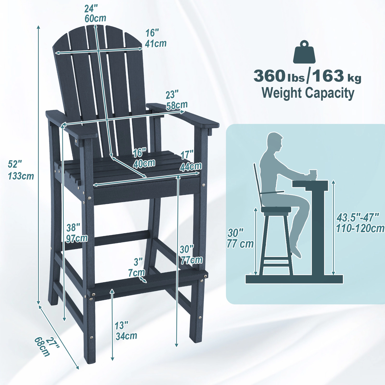 SUGIFT 30-In Counter-Height Navy HDPE Outdoor Bar Stool with Armrests, Footrest, 360-Lb Capacity