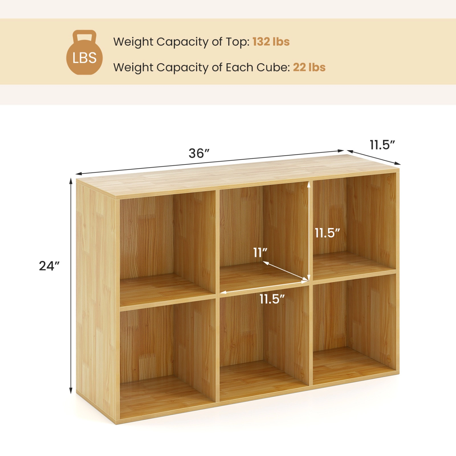 SUGIFT Modern 6-Cube Bookcase 132-lb Top Capacity 22-lb Cube Capacity with Anti-tipping Kits Light Brown