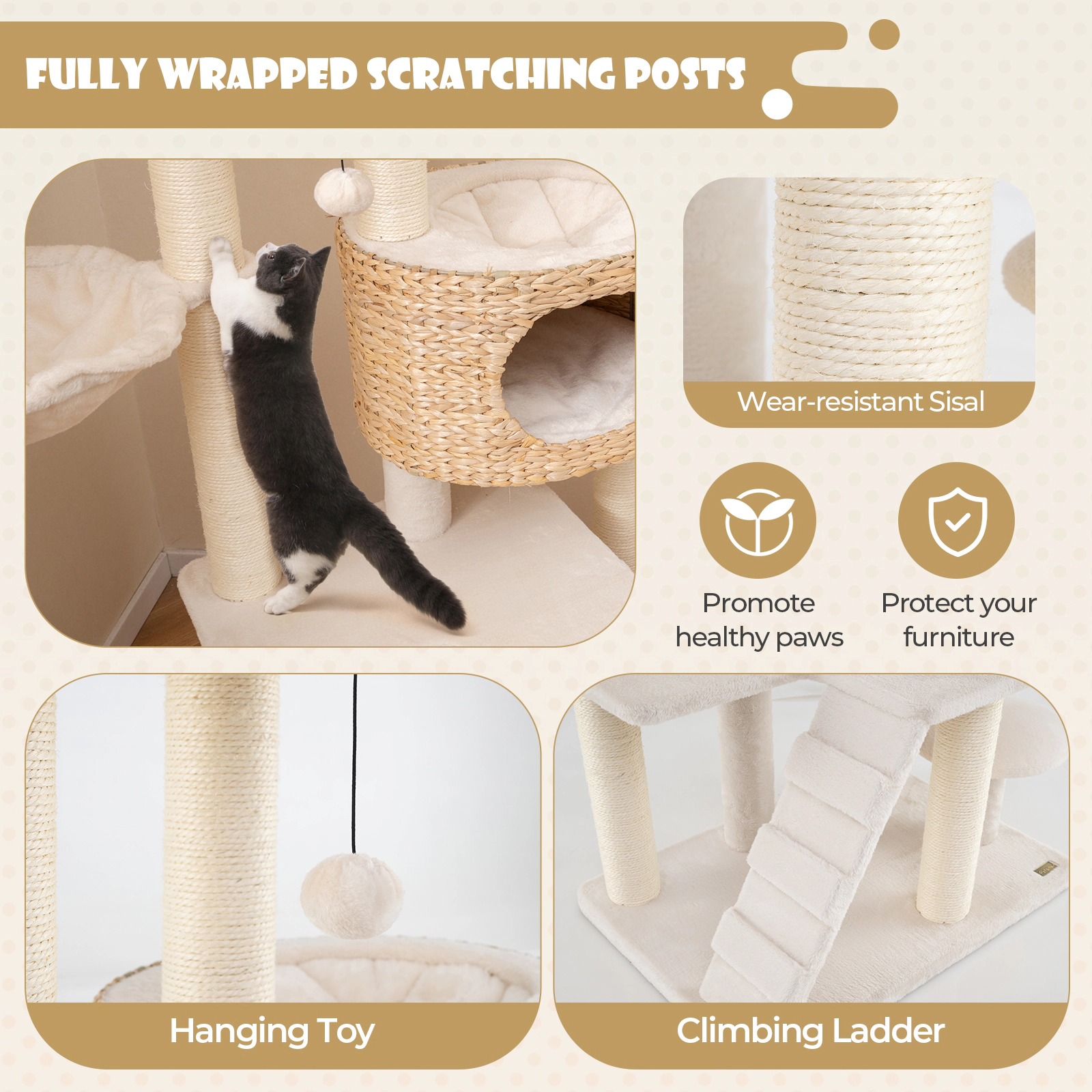 SUGIFT 50 in Modern Cat Tree Natural with Cattail Fluff Condo Hanging Basket and Top Perch
