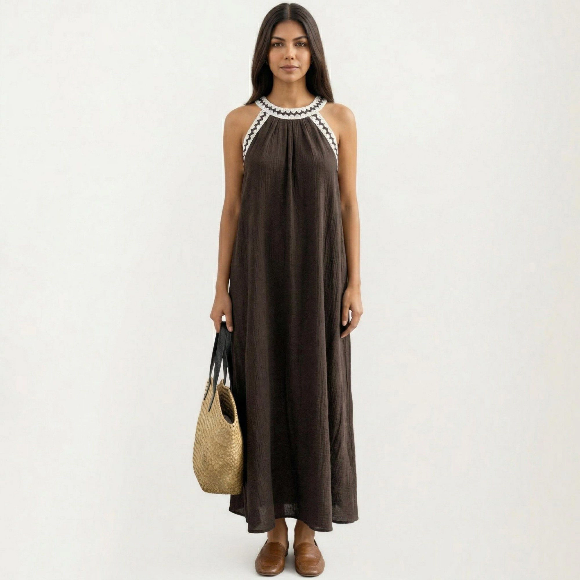 Anna-Kaci Womens Sleeveless Halter Neck Contrast Trim Maxi Dress