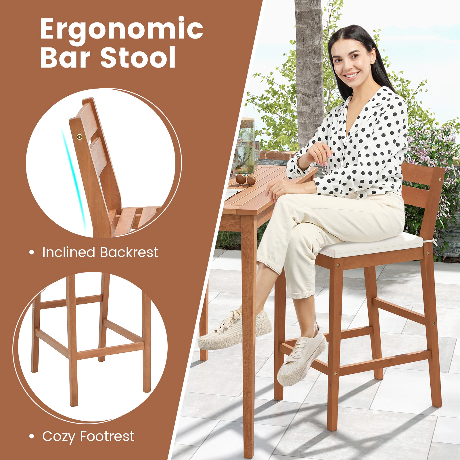 SUGIFT Off White Soft Seat Cushions Set of 2 Outdoor Eucalyptus Wood Bar Stools