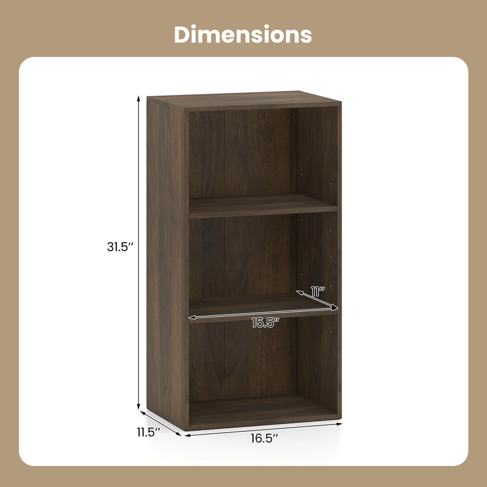 SUGIFT 3-Tier Rustic Brown 31-in Tall Small Open Bookshelf with 2 Adjustable Shelves and Anti-Tipping Kits