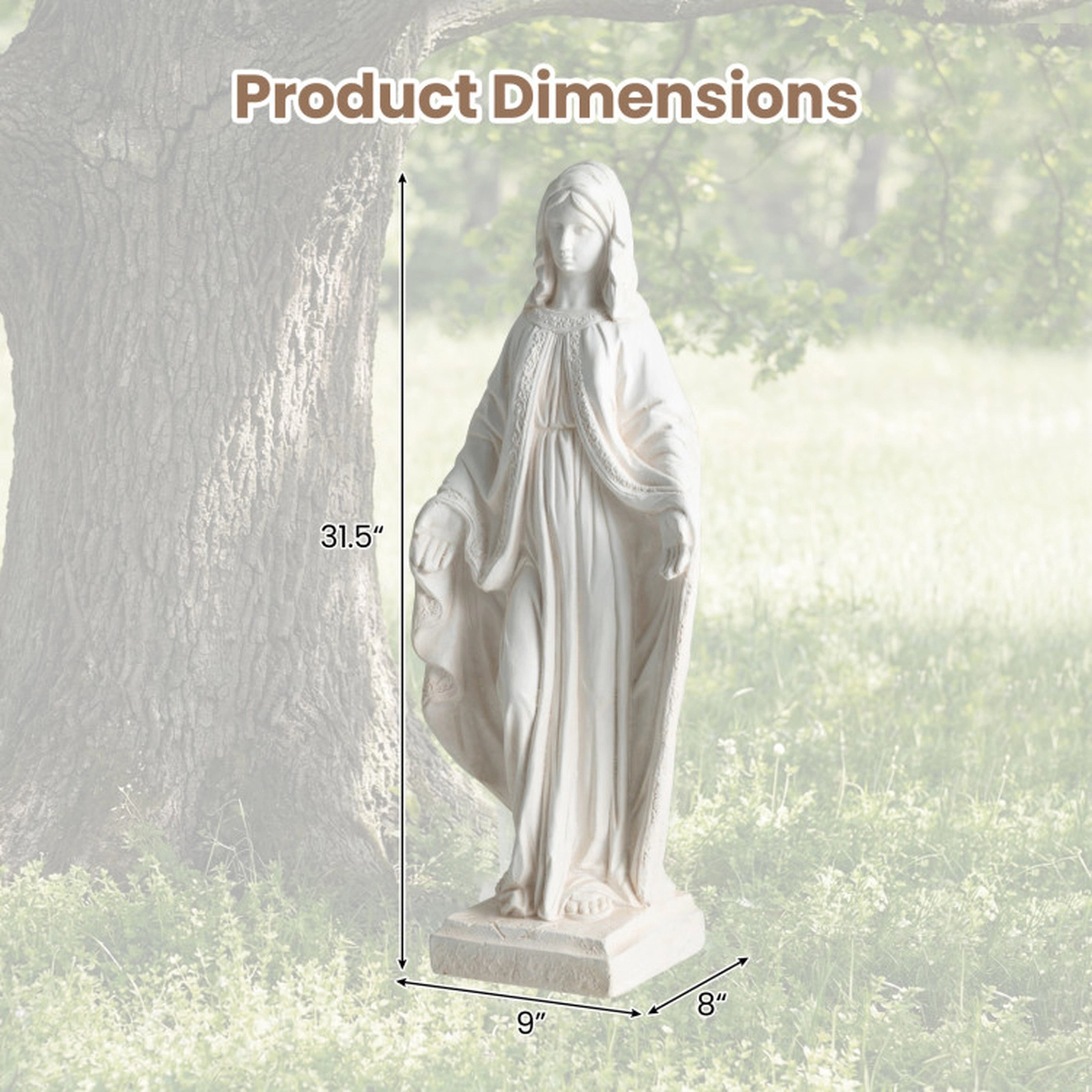 SUGIFT 31.5-in Virgin Mary Magnesium Oxide Fiber Statue with Aged Finish for Yard Patio 12-lb Net Weight White 8.5 x 8.5