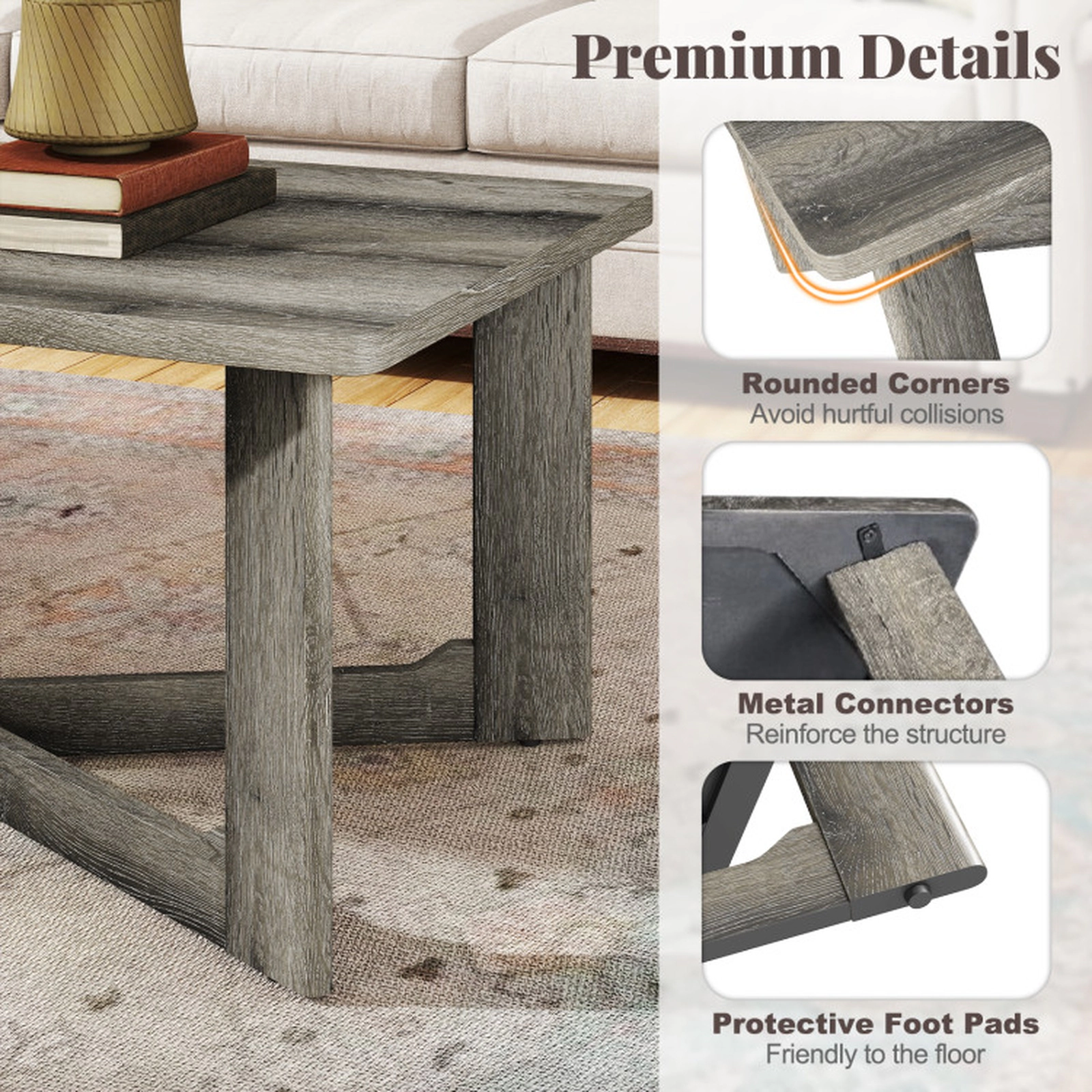 SUGIFT 4-in Thick Legs X-Shaped Solid Rubber Wood Base Coffee Table 44-in x 23.5-in x 18.5-in 250-lb Capacity Gray