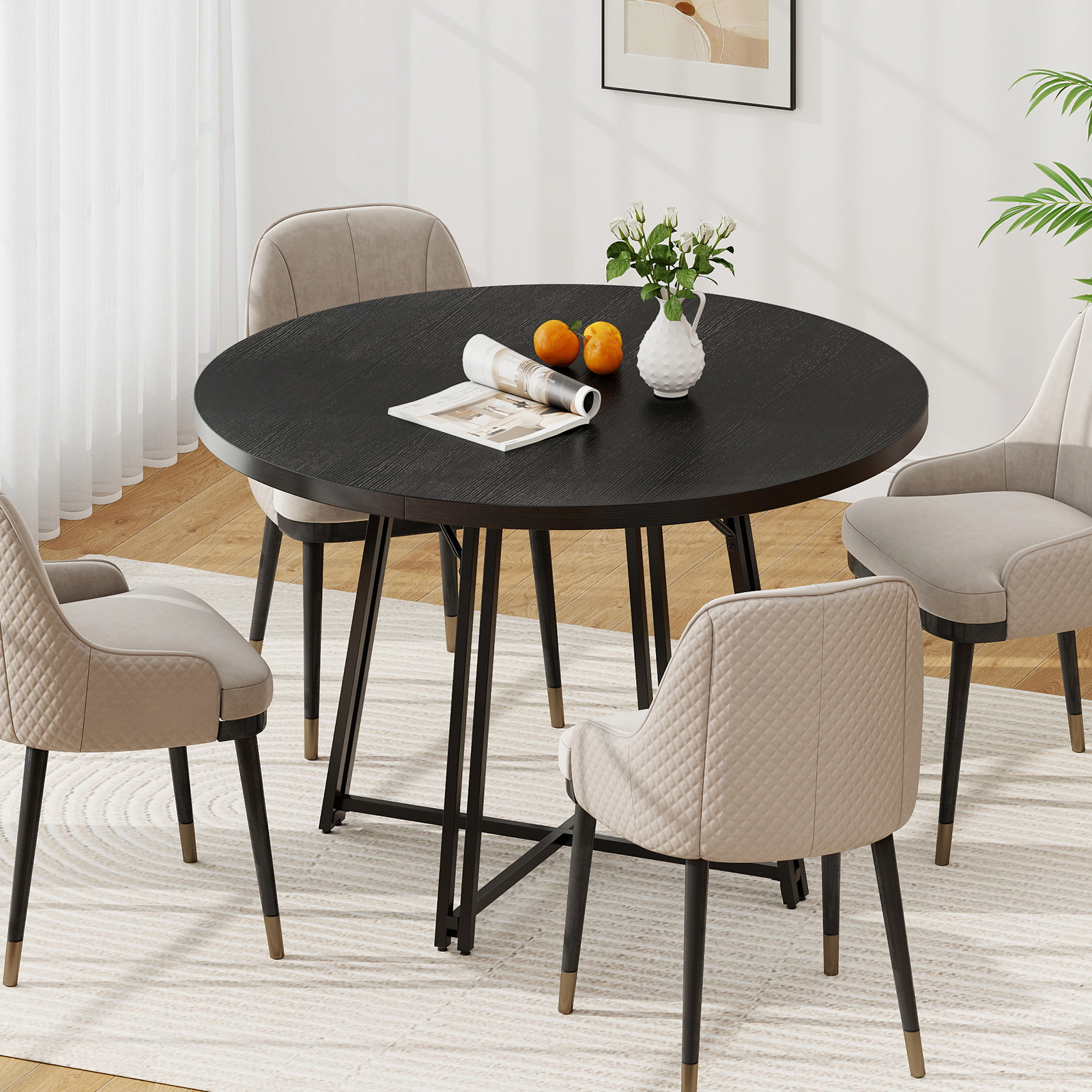 SUGIFT 47-in Round Dining Table for 4-6 People with Cross Metal Base 200-lb Capacity 47 x 30.5 in Black MDF Top