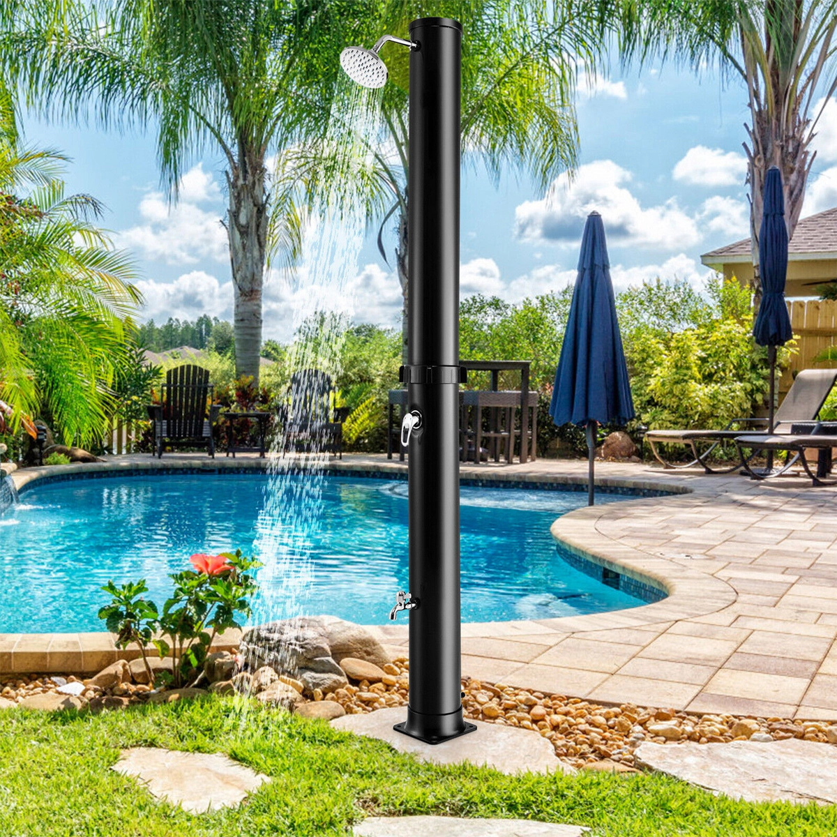 SUGIFT 7.2-ft Freestanding Solar-Heated Outdoor Shower with 10-gal Tank 360-Degree Head and Base Faucet
