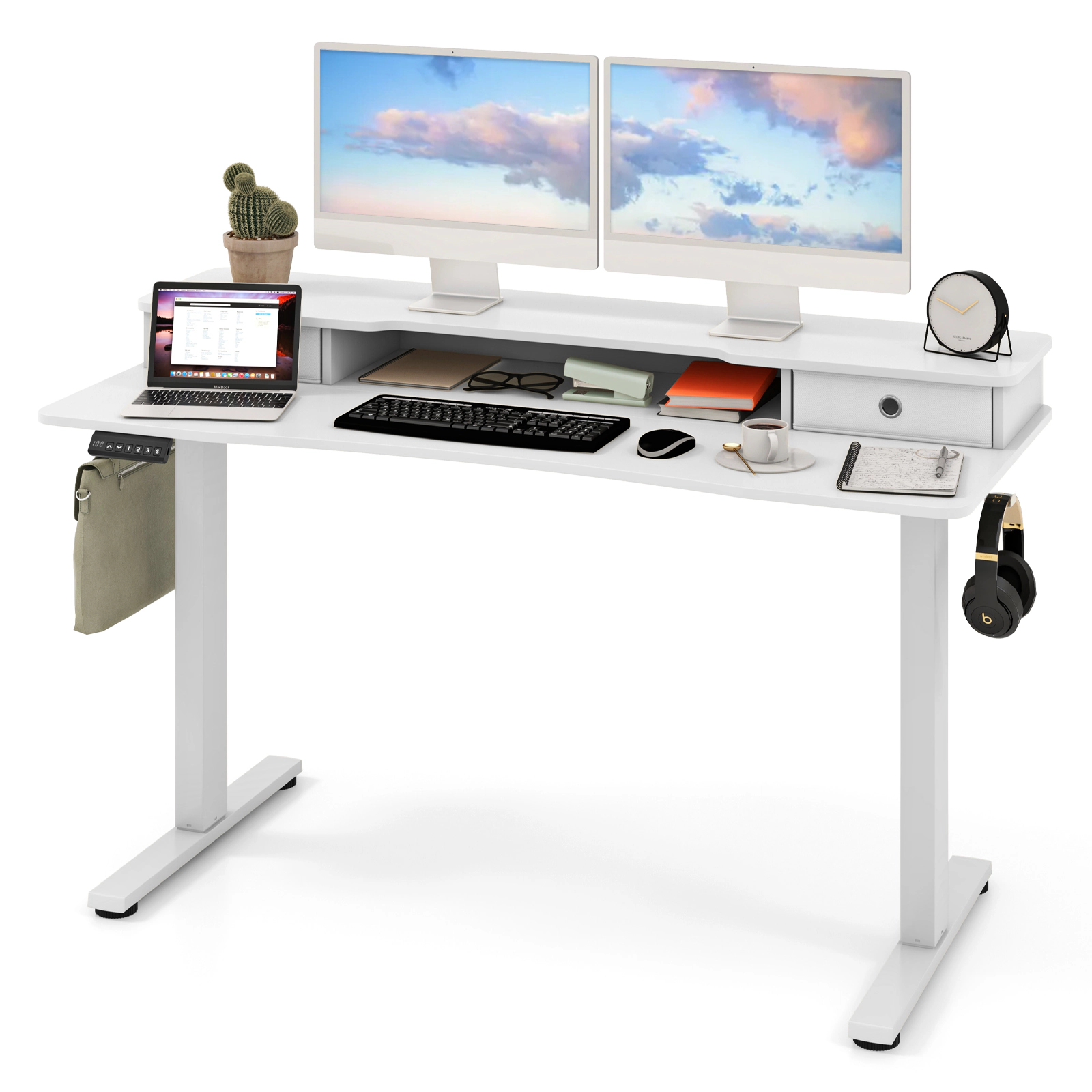 SUGIFT 55-in x 24-in White Electric Standing Desk with Shelf, Storage, Hooks and Cable Organizer