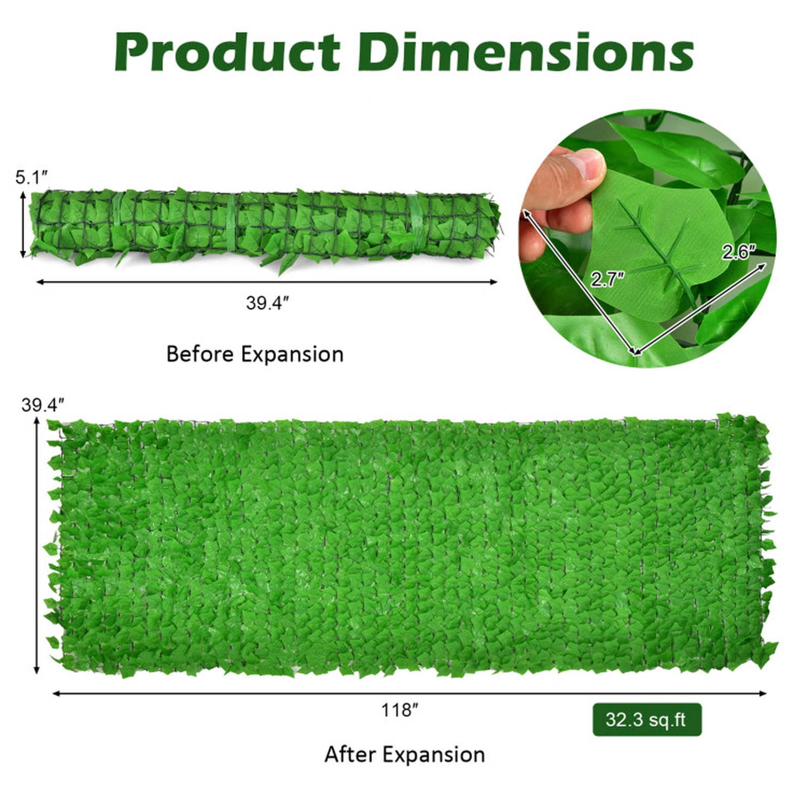 SUGIFT 118 x 39.4-in Artificial Ivy Privacy Fence Panel Garden Trellis 32.3-sq-ft Coverage Polyester Fabric Light Green