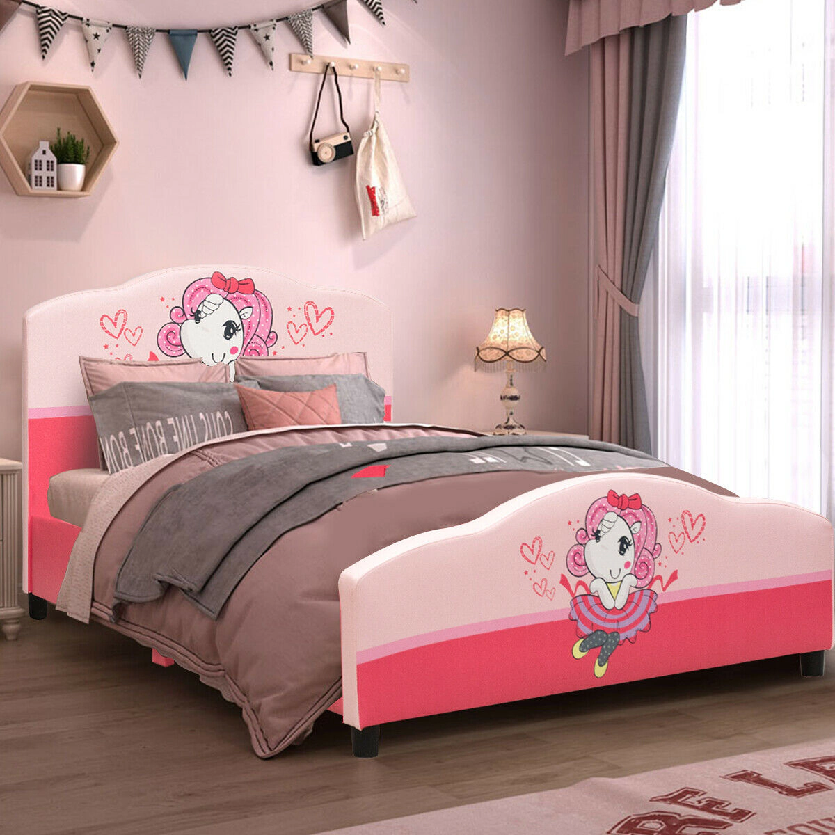 SUGIFT Pink Cartoon Girl Pattern Headboard Twin Size Kids Upholstered Platform Bed