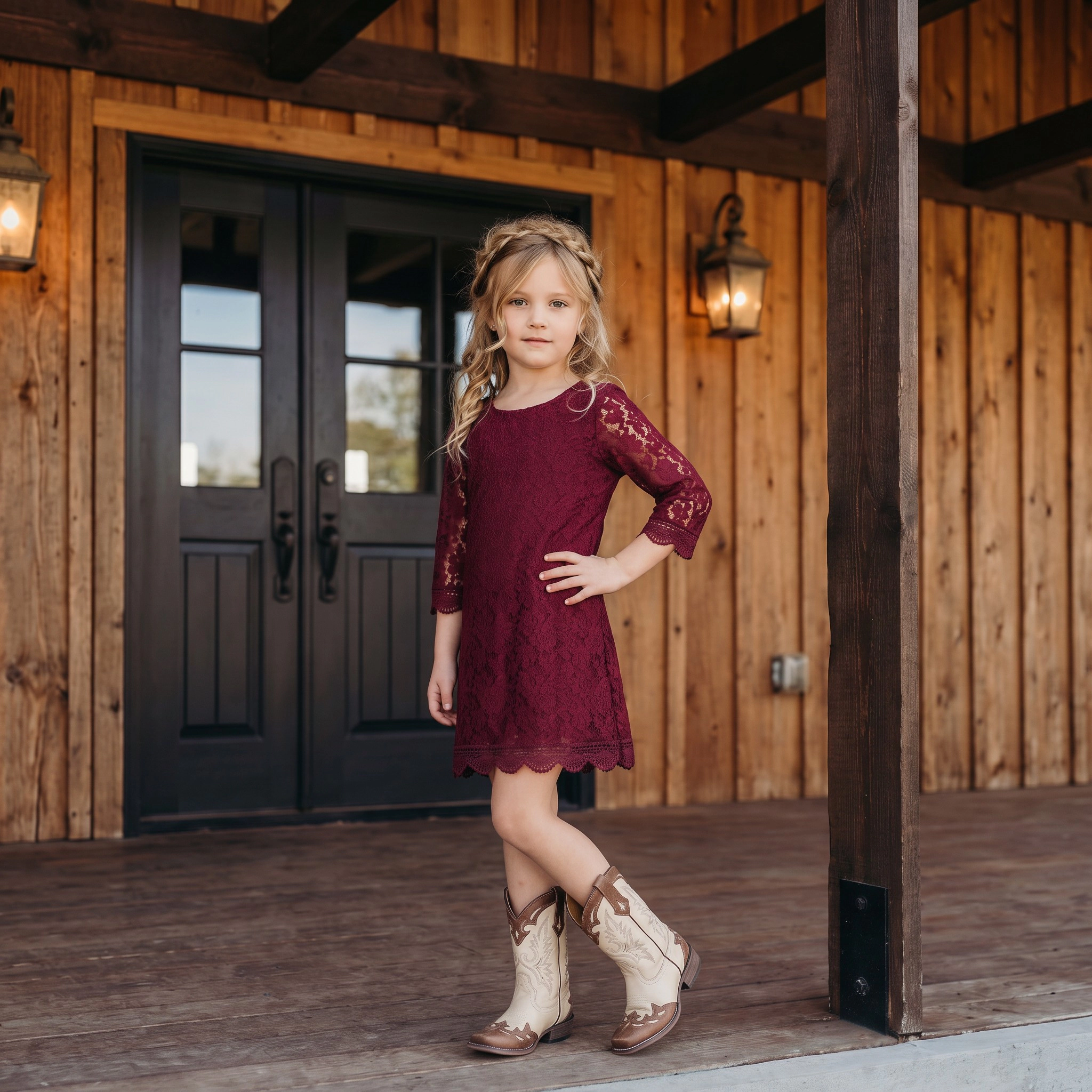 2Bunnies Girls' 12M-12Y Boho Country Rustic Lace Scalloped Trim Sleeve Flower Girl Dress