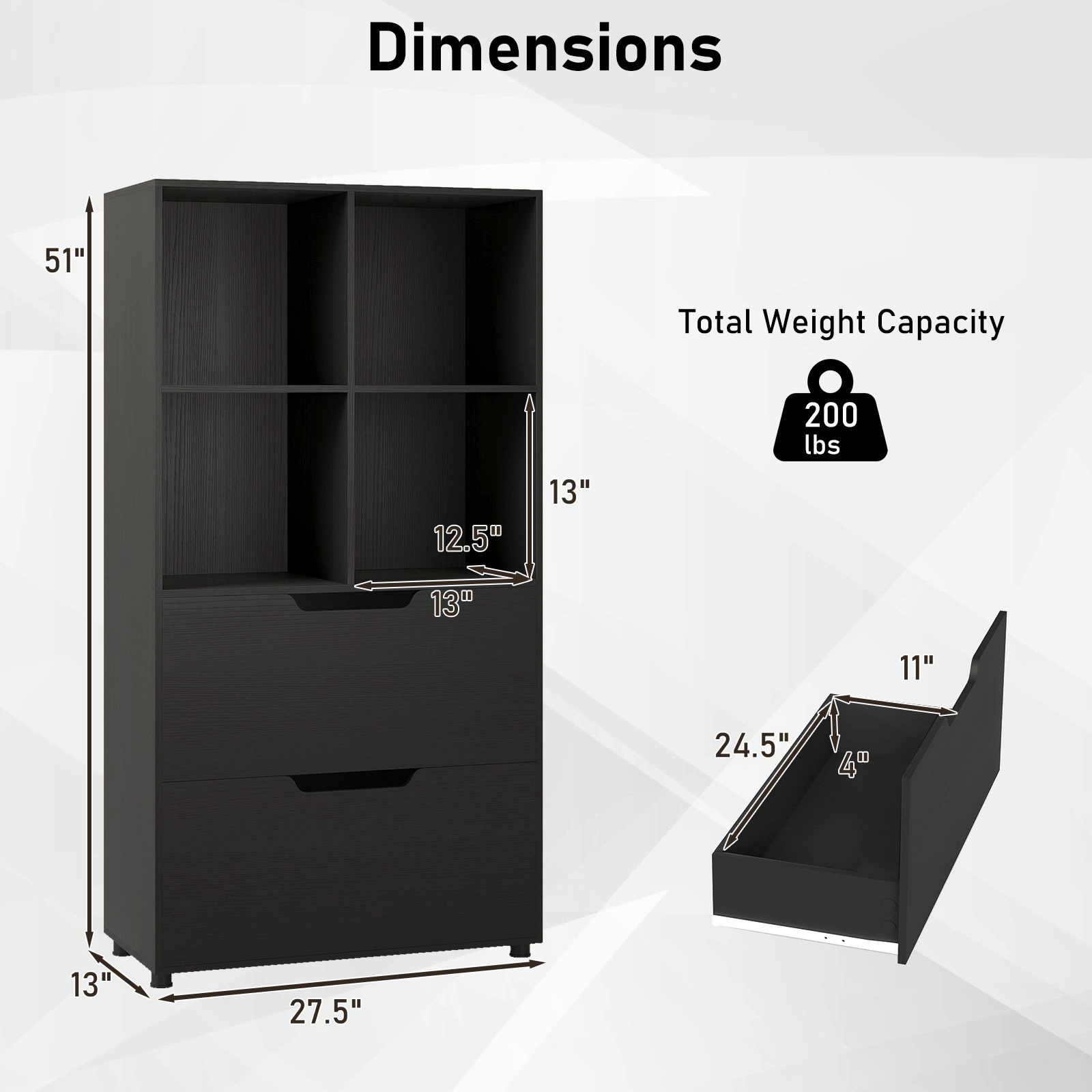 SlickBlue 51 Inch Bookcase with Drawers and Open Cube Storage Shelves