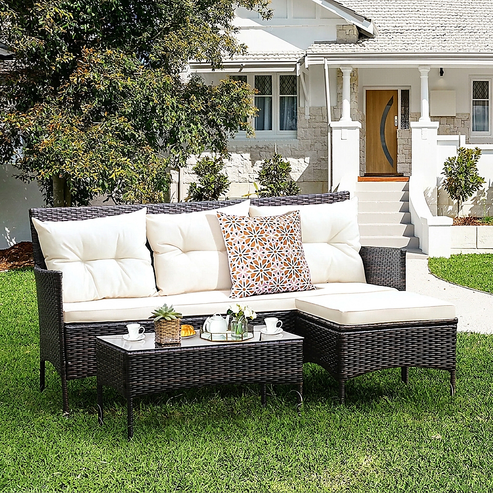 SUGIFT 3-Piece Brown Rattan Patio Sectional Sofa Set with Ottoman and Glass Coffee Table