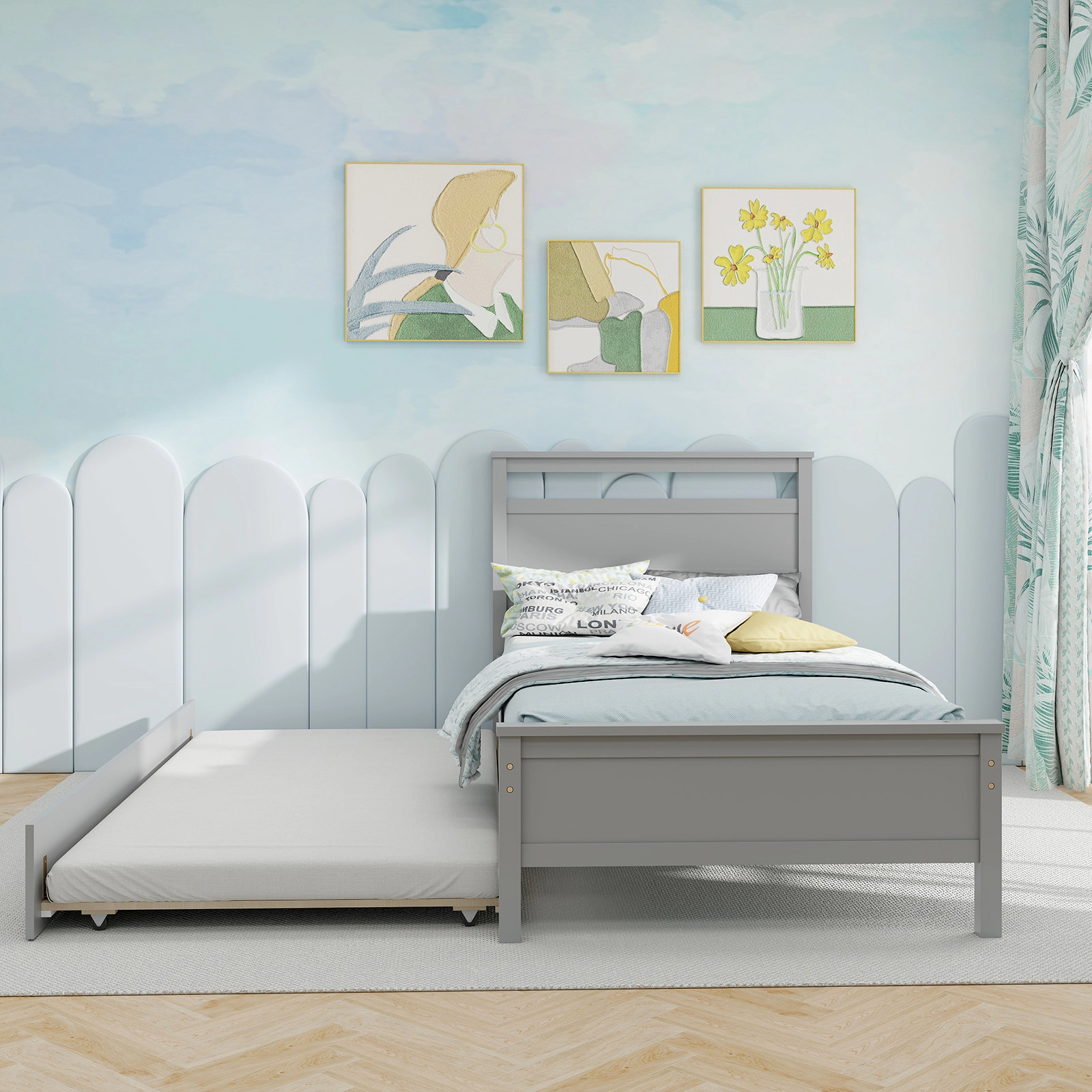 SUGIFT Twin Wooden Platform Bed with Pull-Out Trundle, Gray