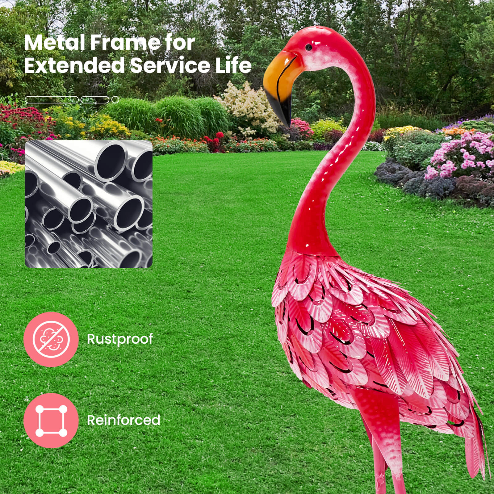 SUGIFT Set of 2 Pink Metal Flamingo Garden Statues with Gradient Feather Details 8-in W 11-in D 35-in H