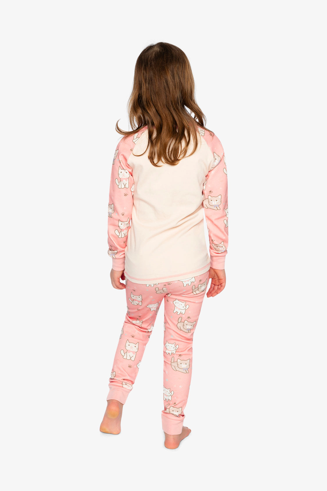 Deux par Girls Organic Cotton Cat Print Two Piece Pajama Set with Raglan Sleeve Top and Pants