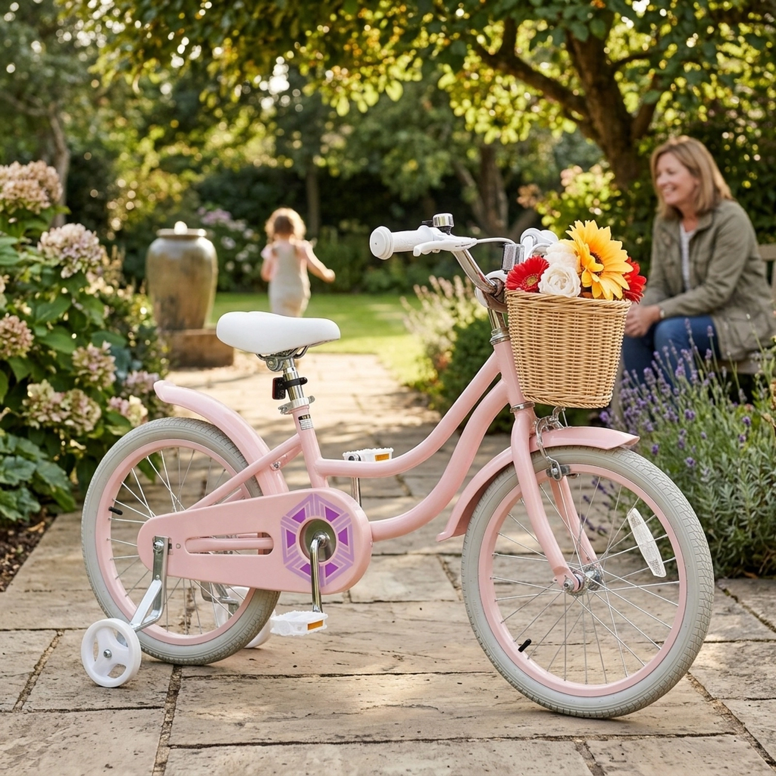 18-in Kids Bike for Girls Training Wheels Front Basket Saddle Adjustable to 29-in Carbon Steel Bicycle Ages 4-8 Pink