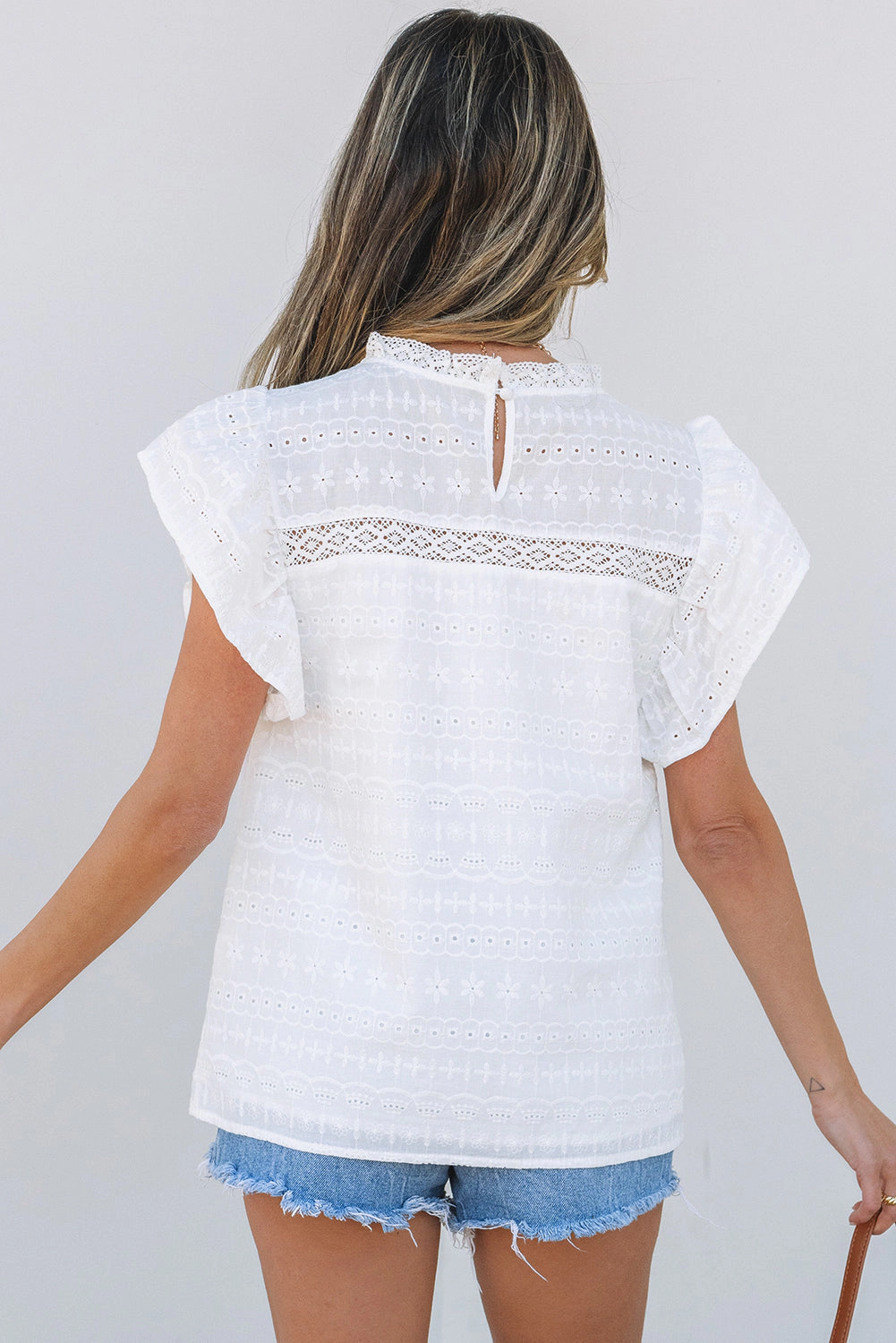 Threaded Pear Women's Alondra Lace Flutter Sleeve Eyelets Blouse