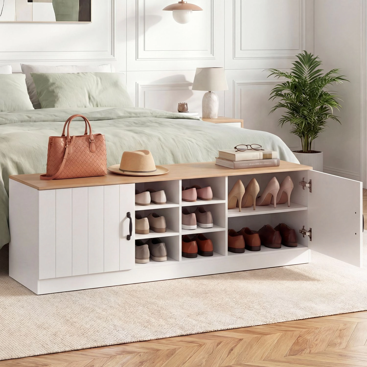 SlickBlue 2-Door Shoe Storage Bench with Adjustable Shelves