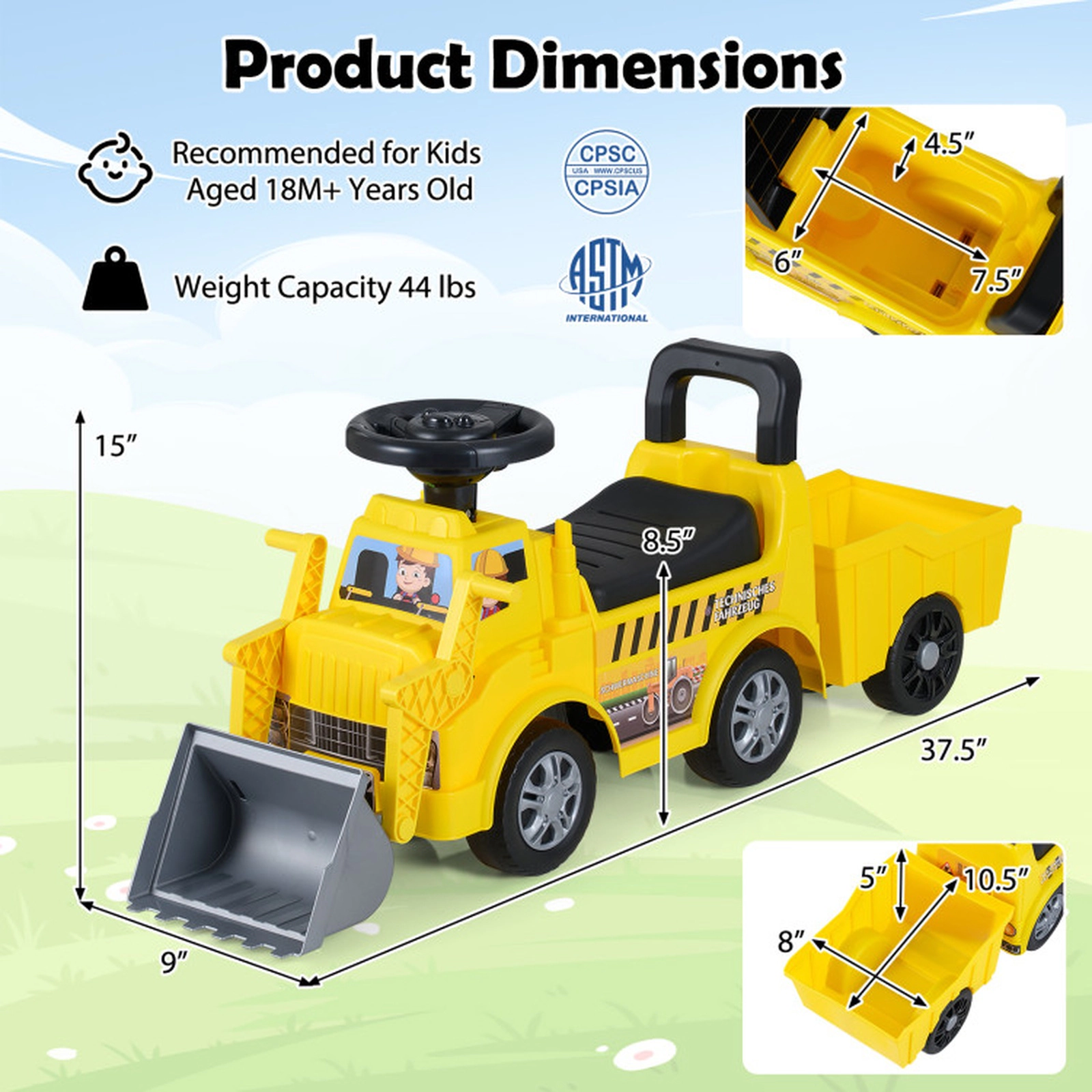 SUGIFT Yellow Shovel Trailer and Under-Seat Storage Kids Foot to Floor Digger Ride On Truck