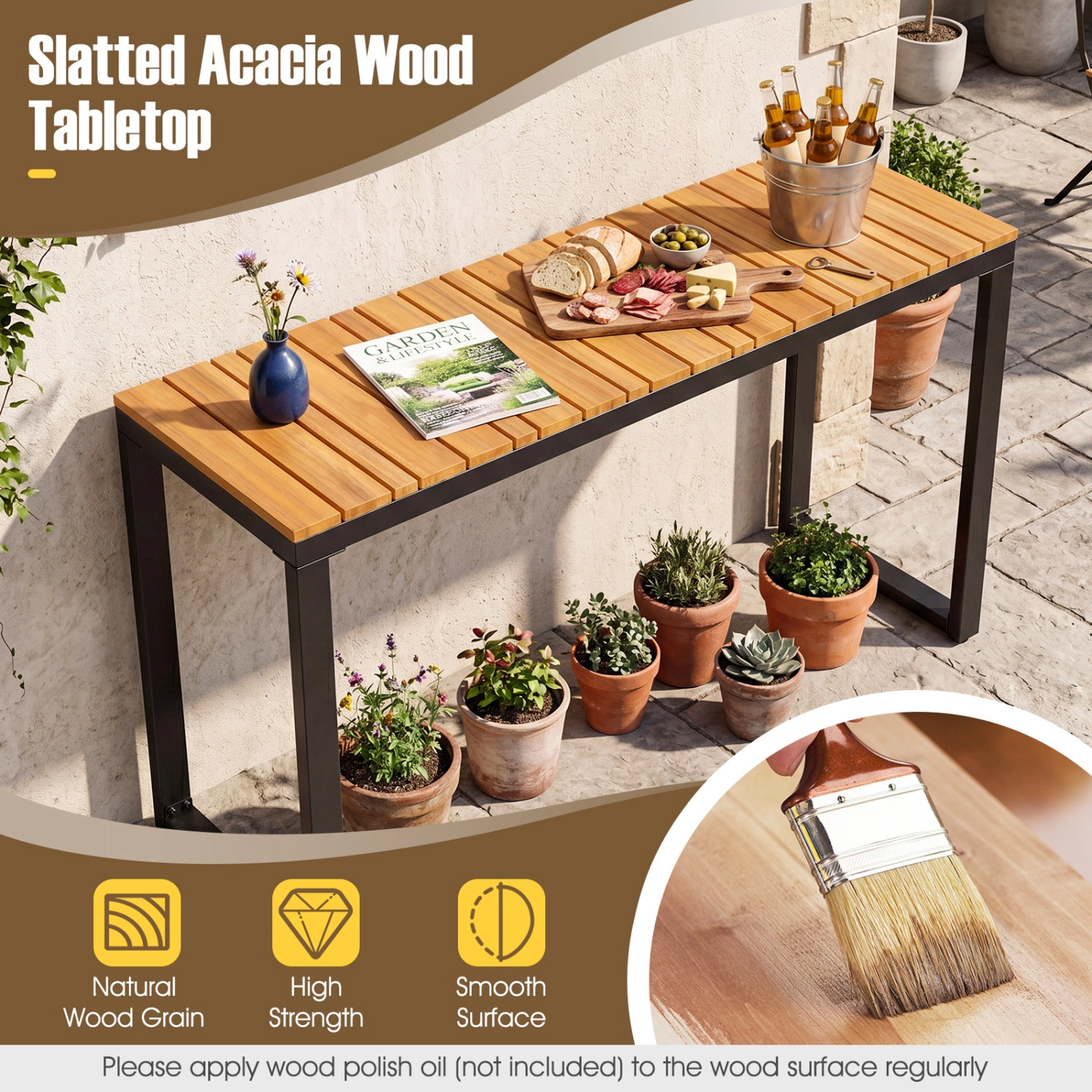 SUGIFT 51-In Narrow Acacia Wood Slatted Outdoor Console Table, Natural and Black
