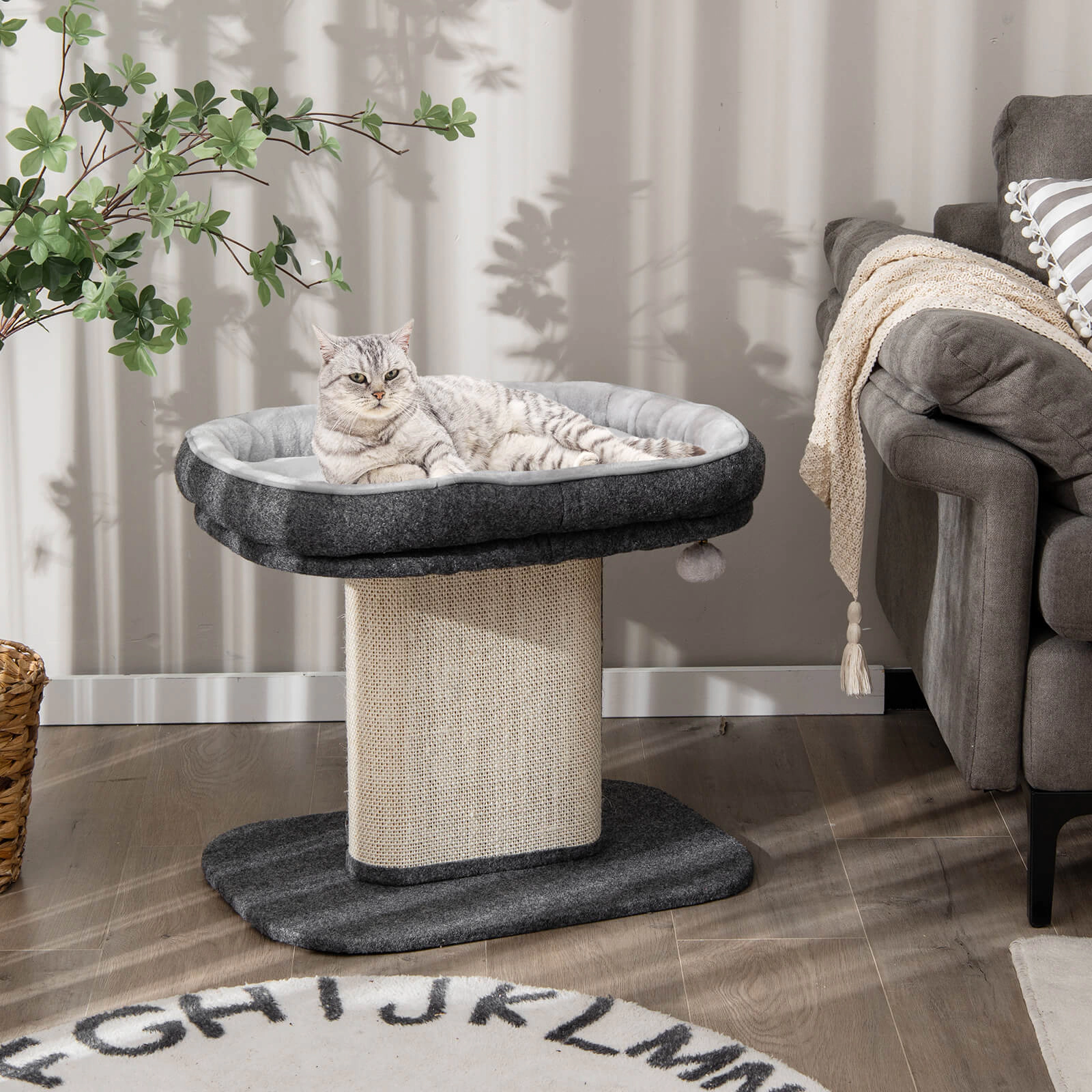 SUGIFT Modern Cat Tree Tower with Large Plush Perch and Sisal Scratching Plate 44-lb Capacity 23-in Wide Base Gray