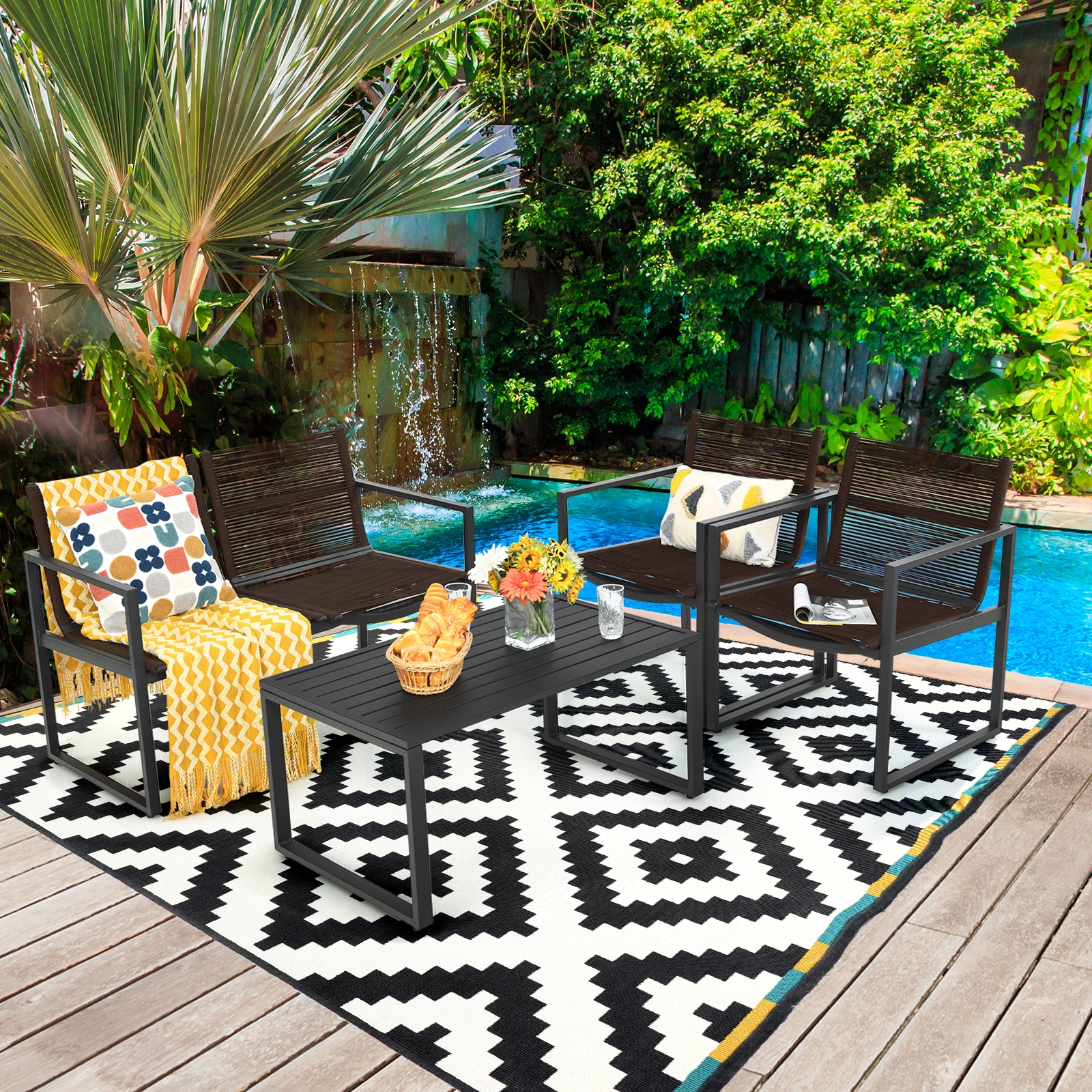 SUGIFT 4-Piece Outdoor Patio Rope Conversation Set, Loveseat, 2 Sofas and Metal Table