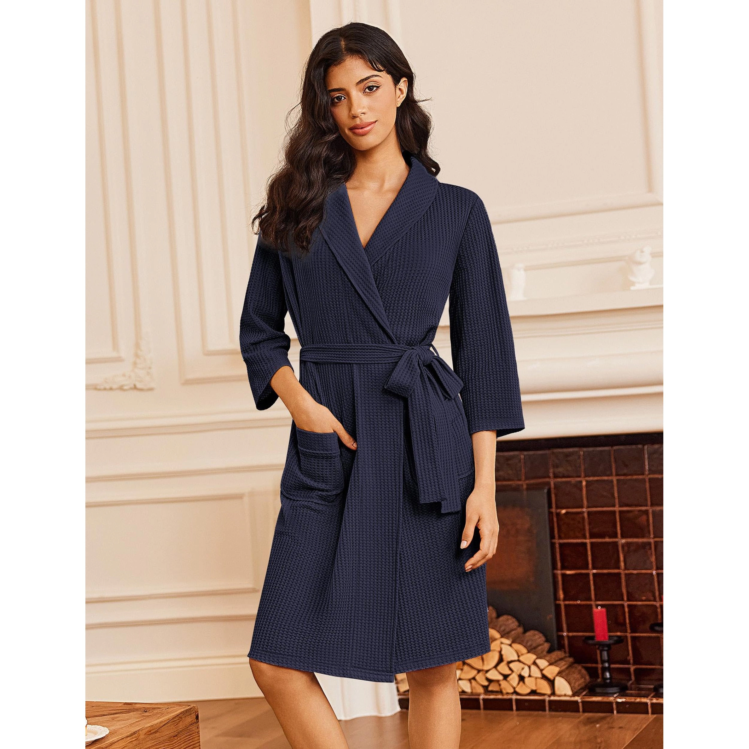 Ekouaer Women's Waffle Knit Robe Shawl Collar 3/4 Sleeve Bathrobe