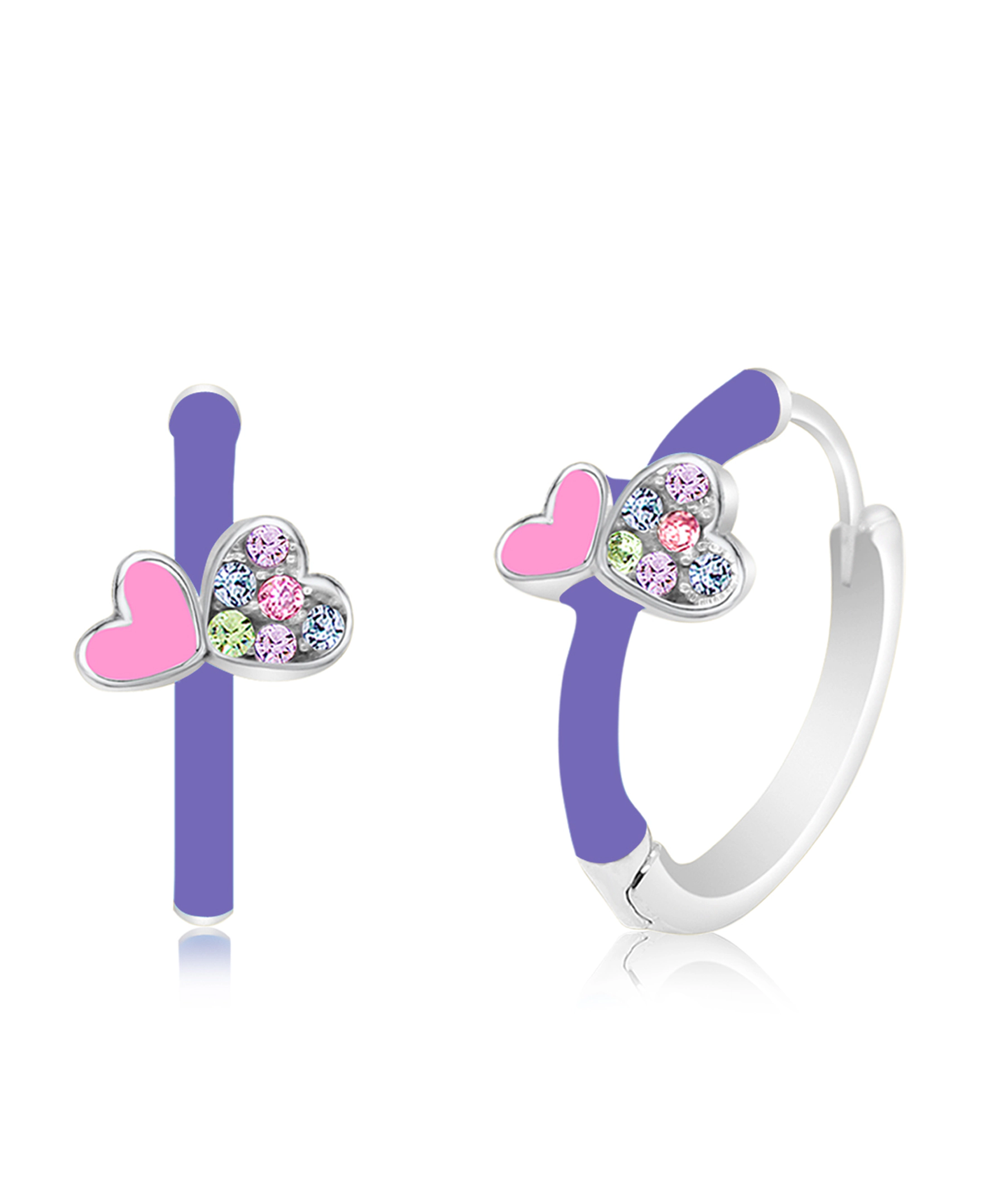 CHANTEUR Kids White Gold Palladium-Plated Huggie Hoop Earrings - Crystal Round & Heart, Hinged Snap Closure, Nickel-Lead-Cadmium Safe