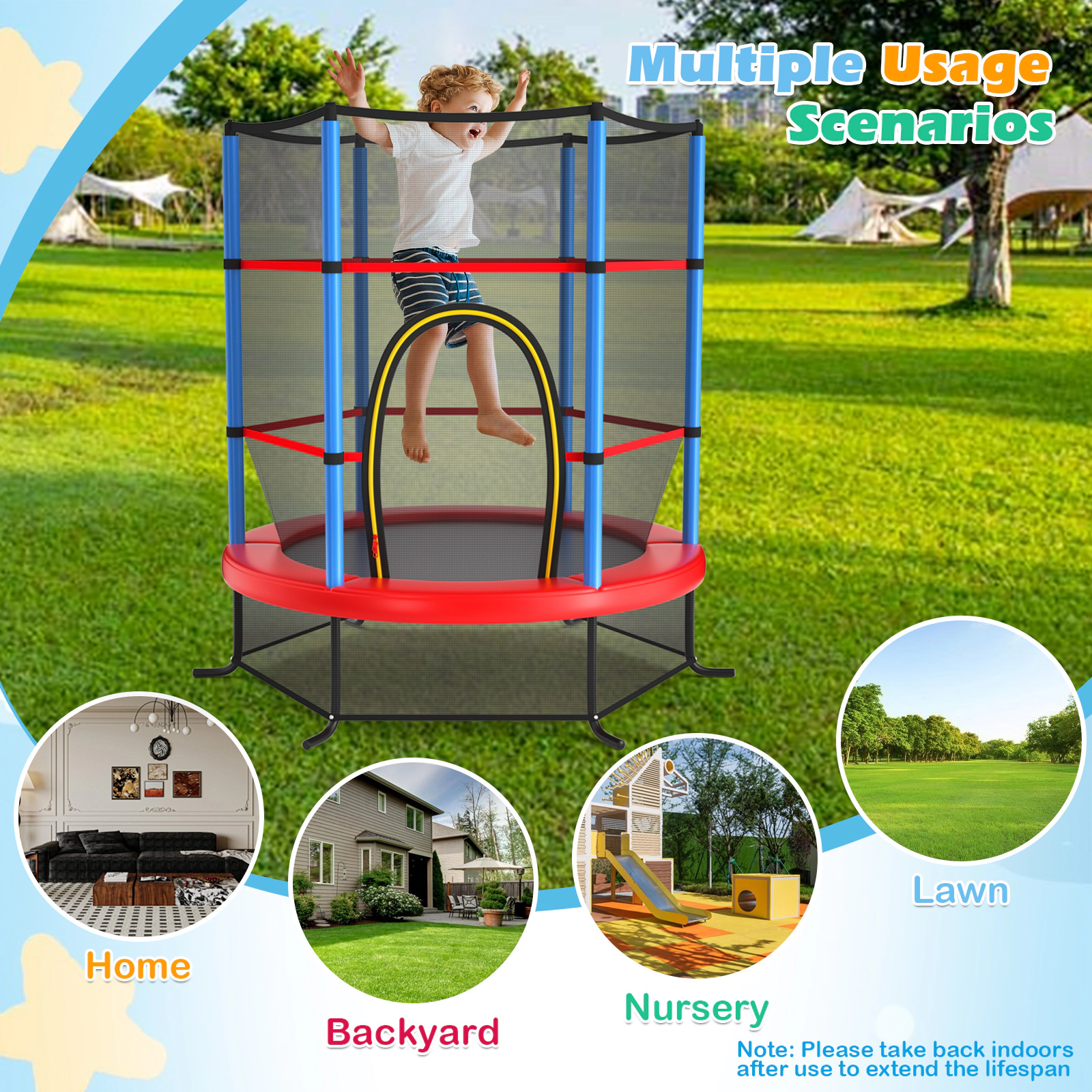 LJG 55 Inch Kids Recreational Trampoline Bouncing Jumping Mat with Enclosure Net