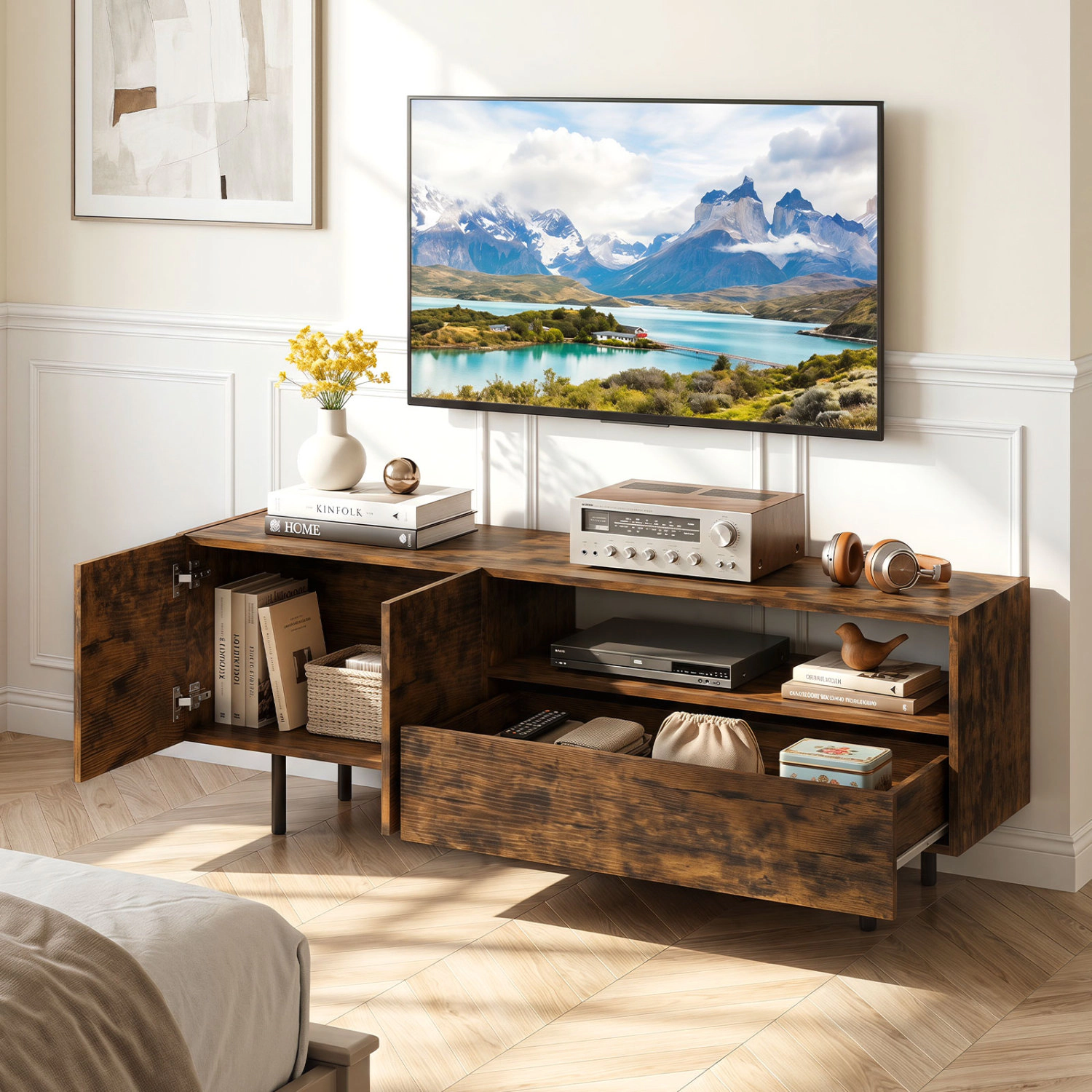 LJG TV Stand for TVs up to 70" with Storage Cabinet and Raised Metal Legs