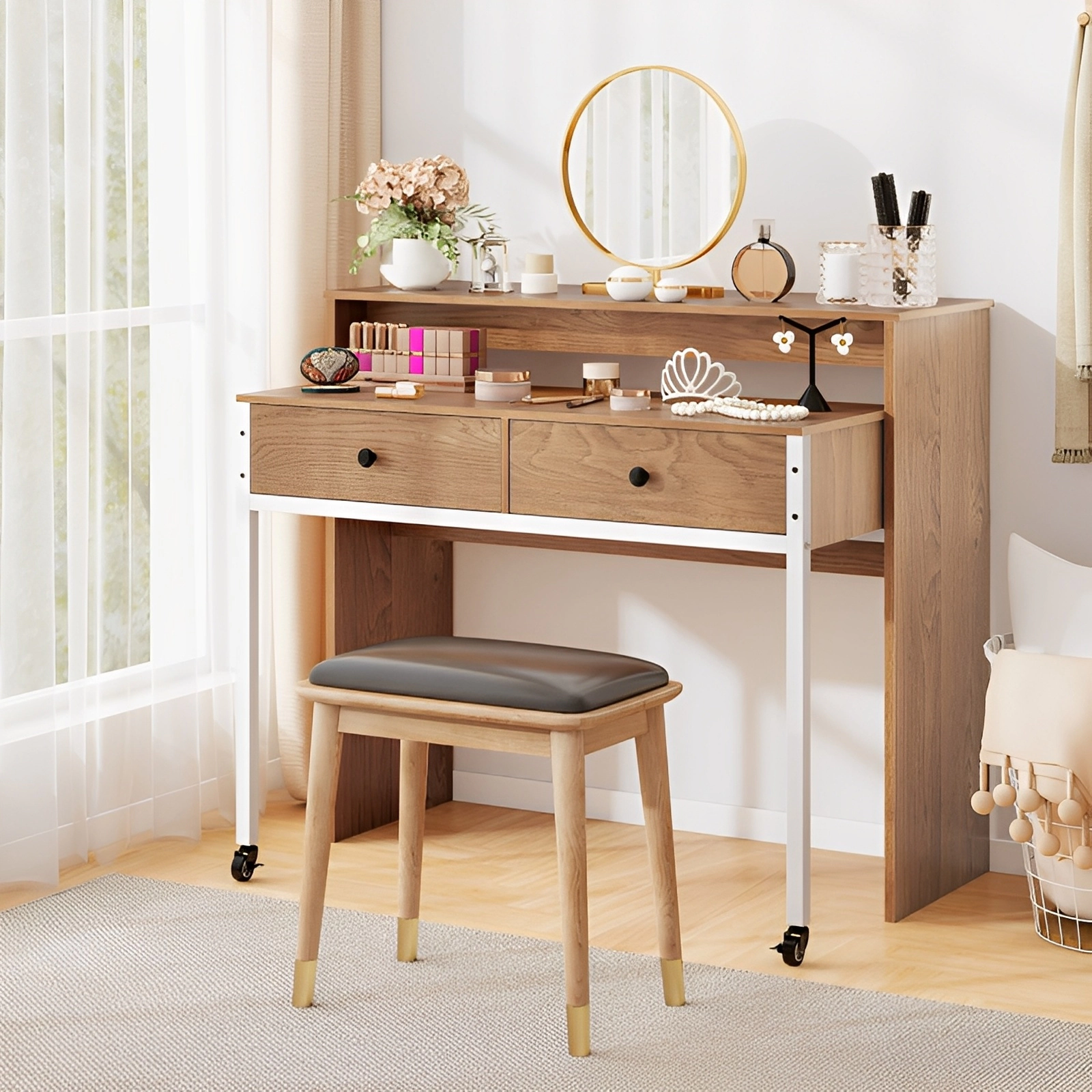 SUGIFT Extendable Computer Desk with Pull Out Secondary Desk 33-lb Tabletop 110-lb Shelf Capacity Natural 2-Drawer