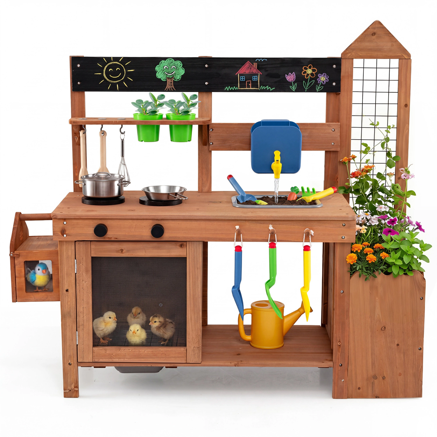 LJG Outdoor Wooden Mud Kitchen with Planter Box and Sink for Toddlers