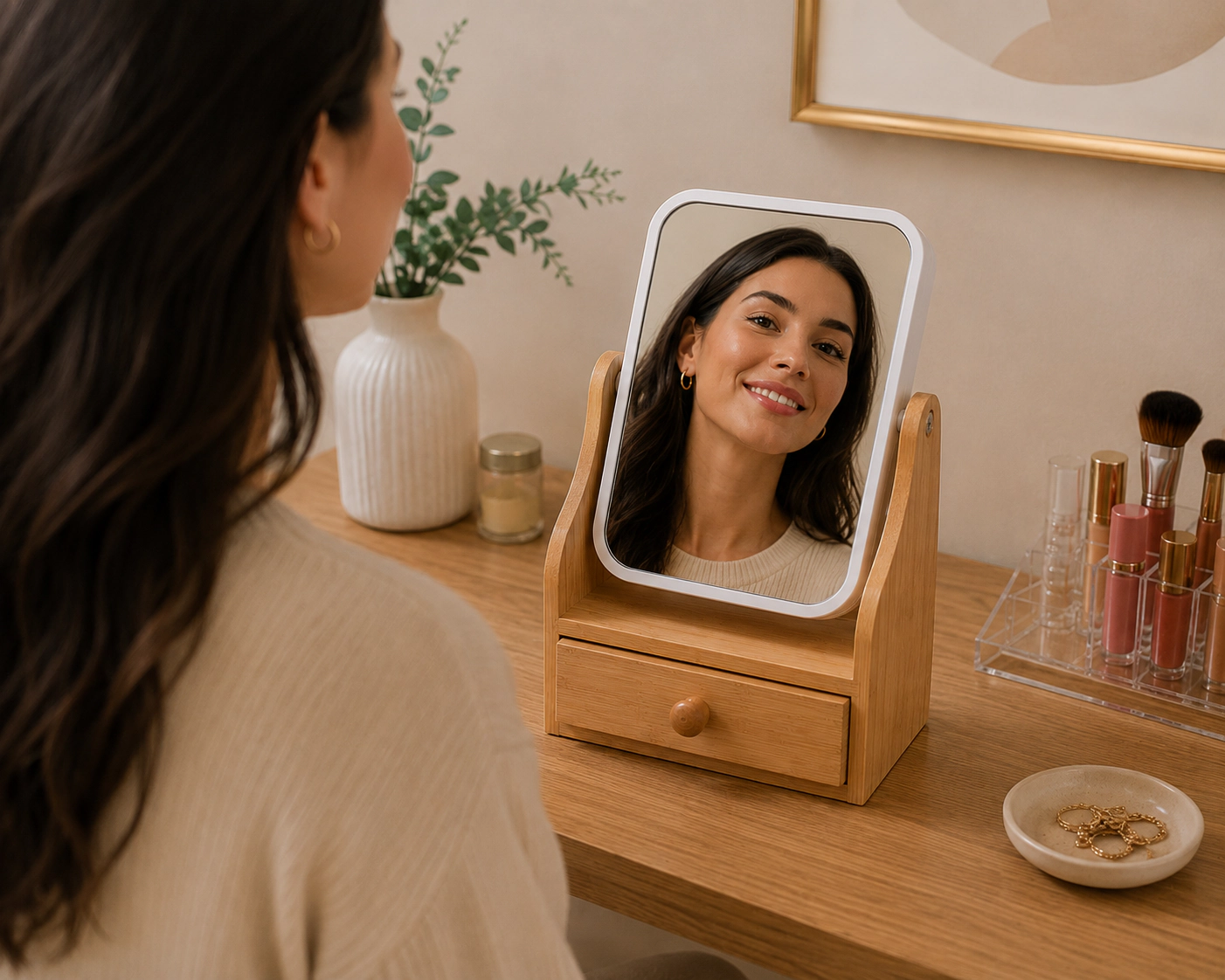 Pursonic Women's Dual-Sided Vanity Mirror with 1X & 3X Magnification, 360° Swivel Design & Bamboo Drawer Base