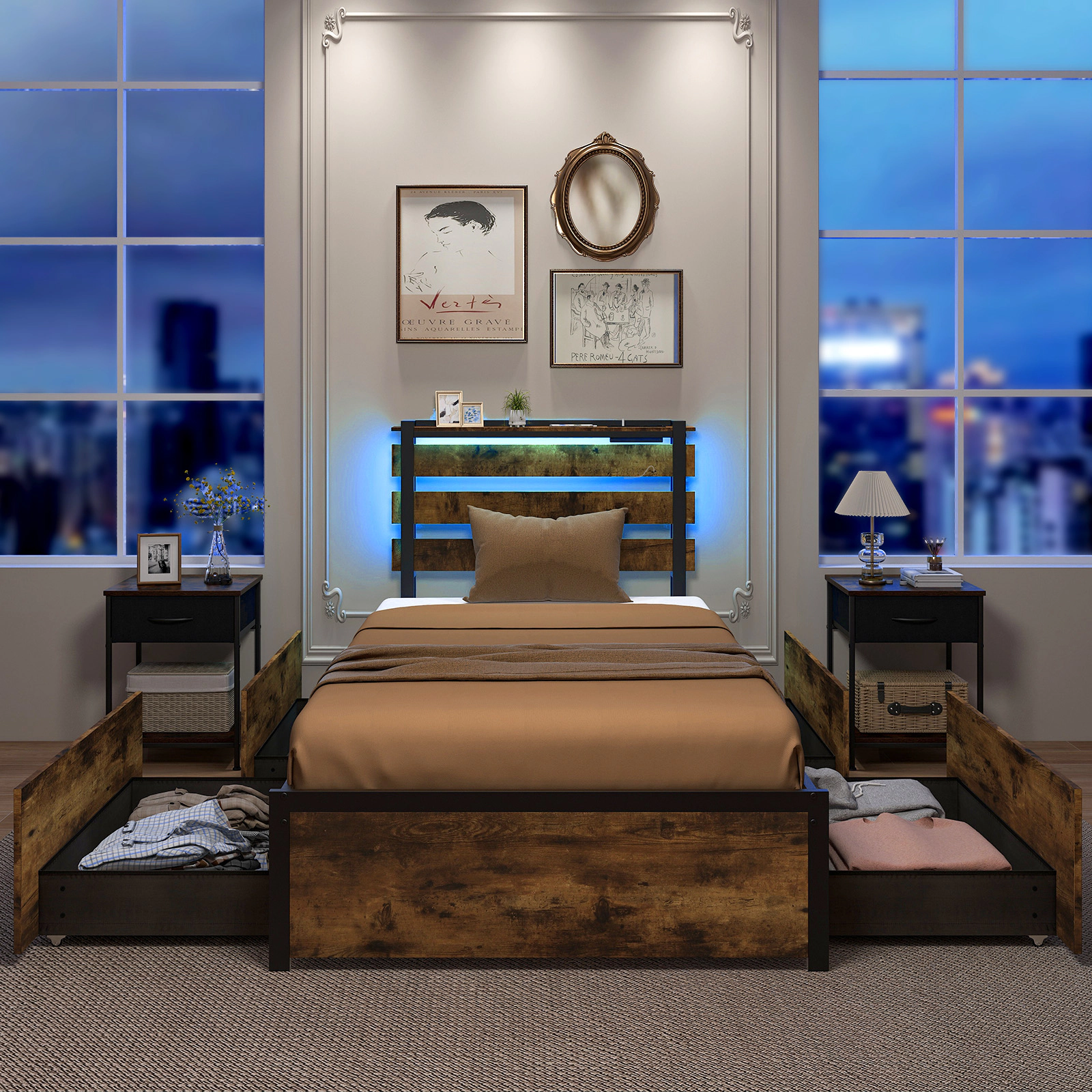 SUGIFT Bed Frame with Drawers LED Lights & USB Ports 1000-Lb Capacity Twin Size 75 x 39 in Sleeping Surface Rustic Brown