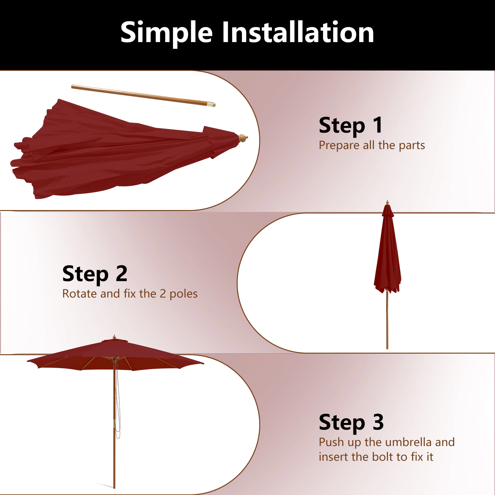 SUGIFT 10-ft Wine Patio Umbrella with Wooden Pole 8 Bamboo Ribs and 3 Adjustable Heights 8.6-ft H