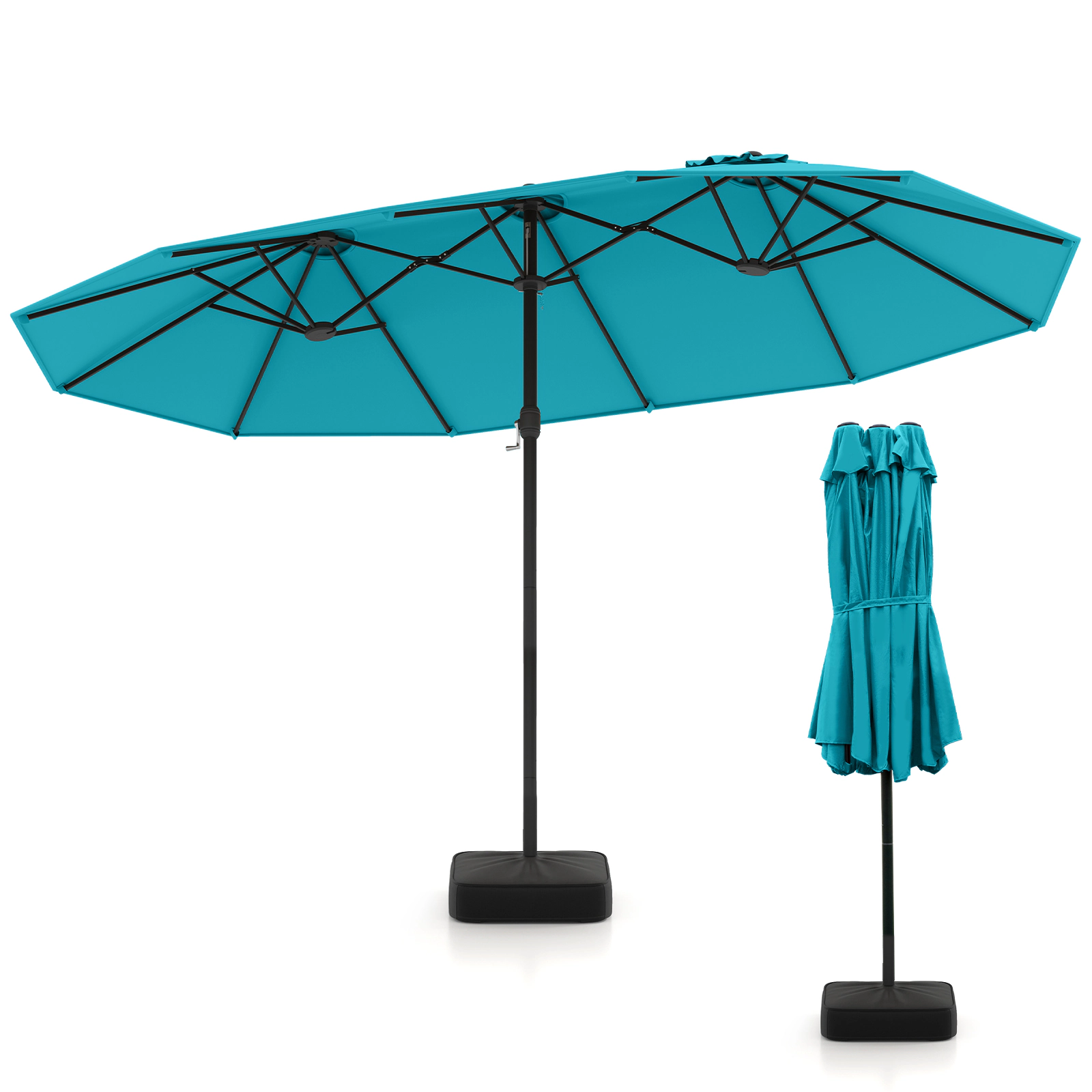 SUGIFT 15-ft Turquoise Rectangular Double-Sided Patio Umbrella with Hand Crank