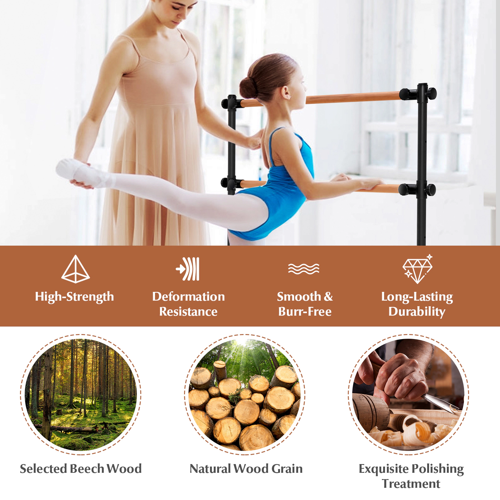 SUGIFT 4-Foot Portable Freestanding Double Ballet Barre 110-lb Capacity Adjustable 47.5-in Frame Yoga Kit Black