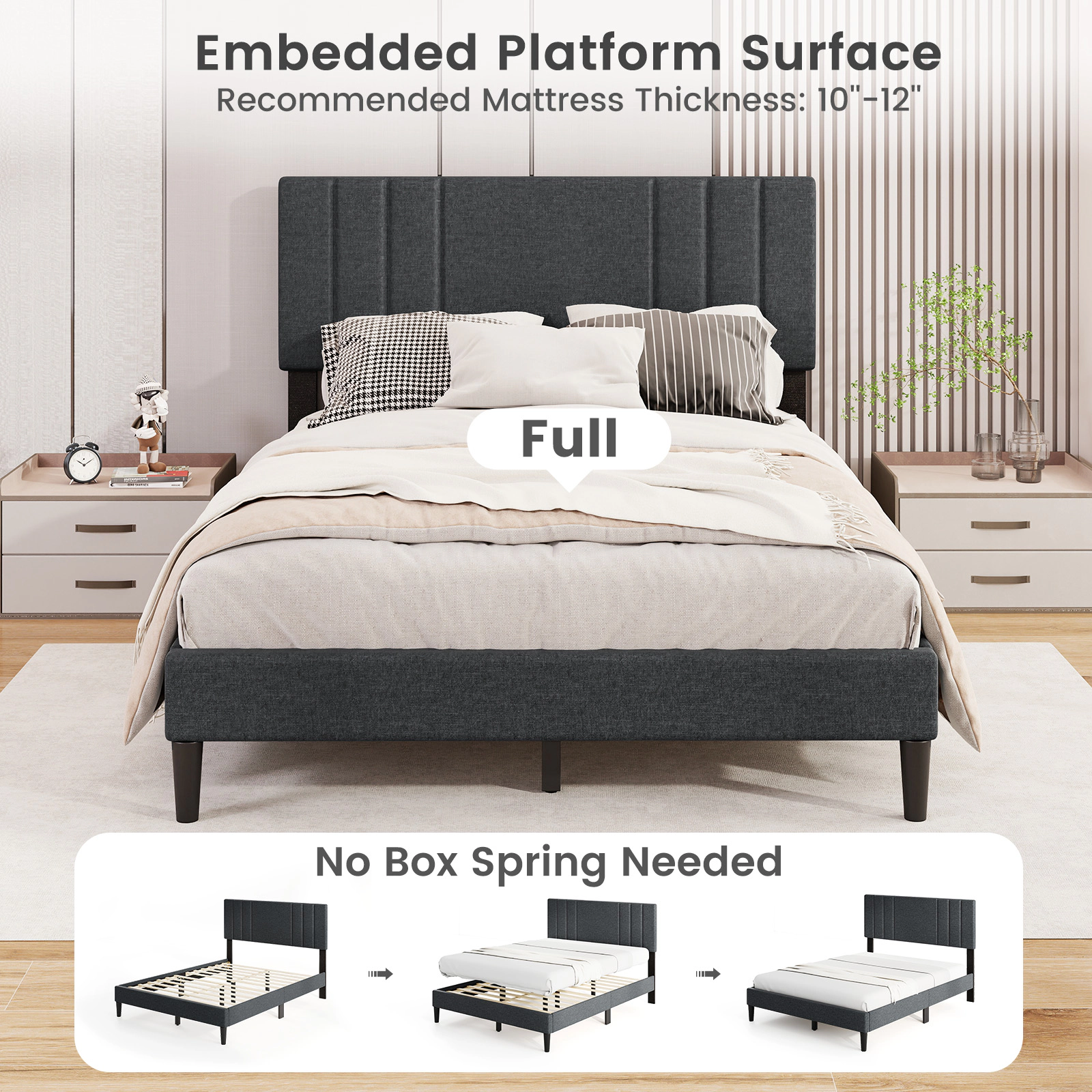 SUGIFT Gray Vertical Channel Tufted Headboard Upholstered Platform Bed