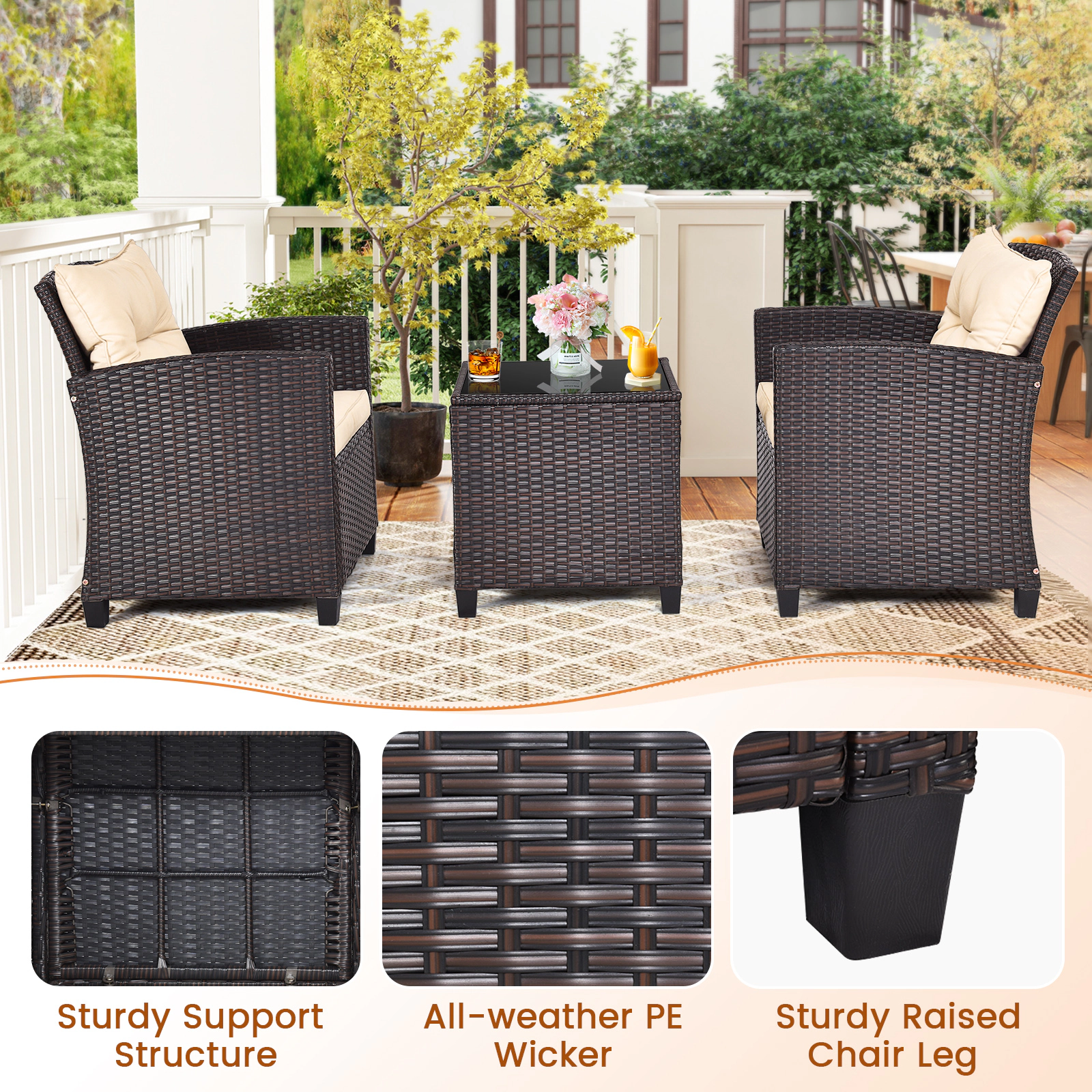 SUGIFT Patio Rattan Furniture Conversation Set with Cushions and Coffee Table 360-lb Chair Capacity Beige
